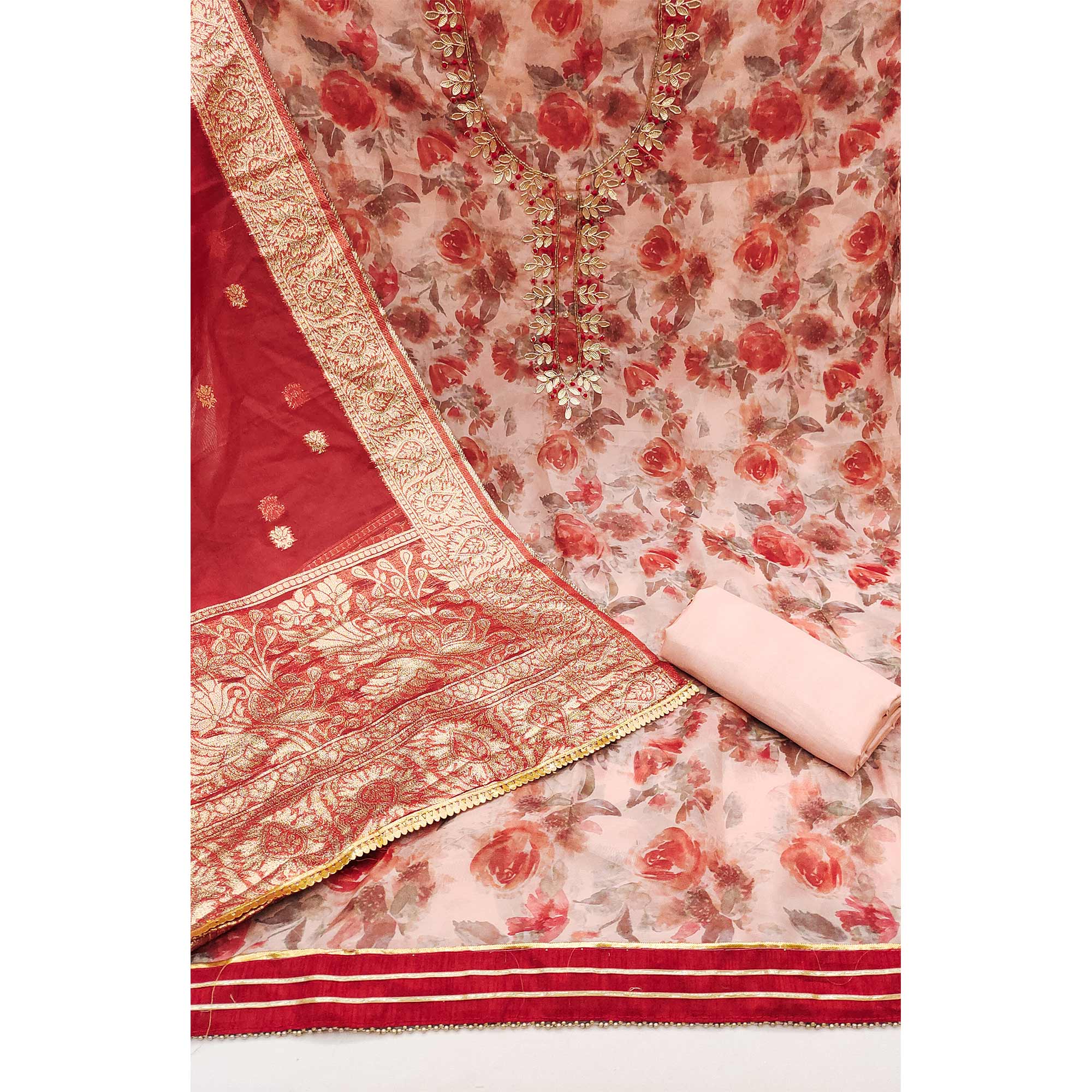 Light Peach Floral Printed Organza Dress Material - Image 2