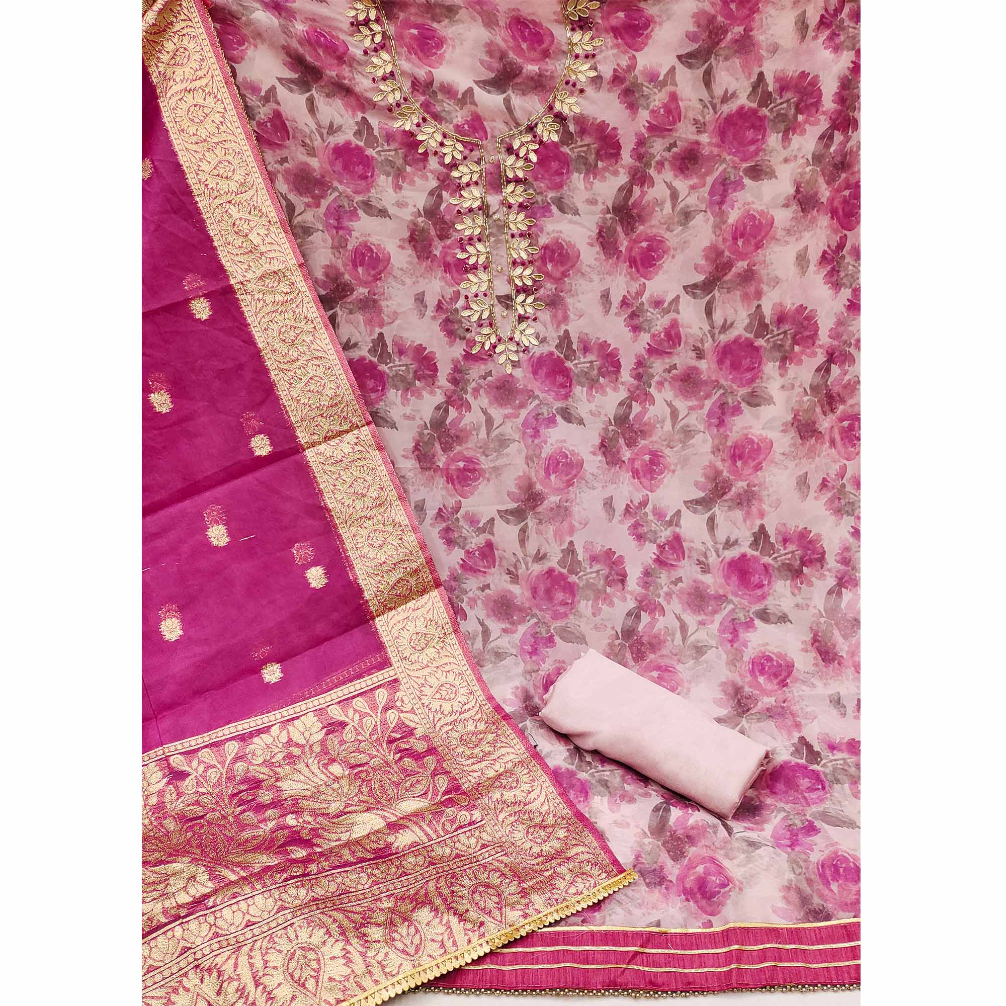 Light Pink Floral Printed Organza Dress Material - Image 2