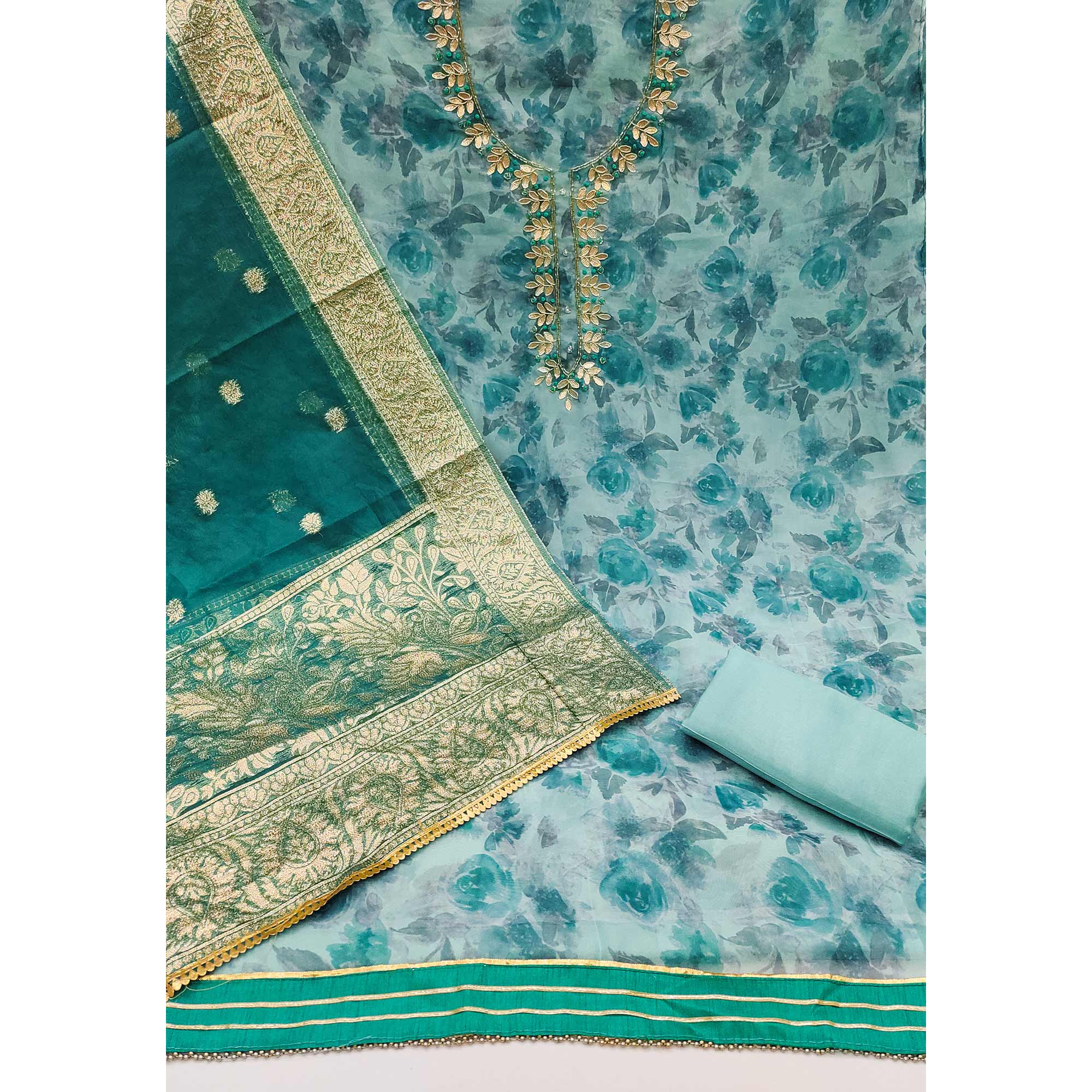 Light Turquoise Floral Printed Organza Dress Material - Image 2
