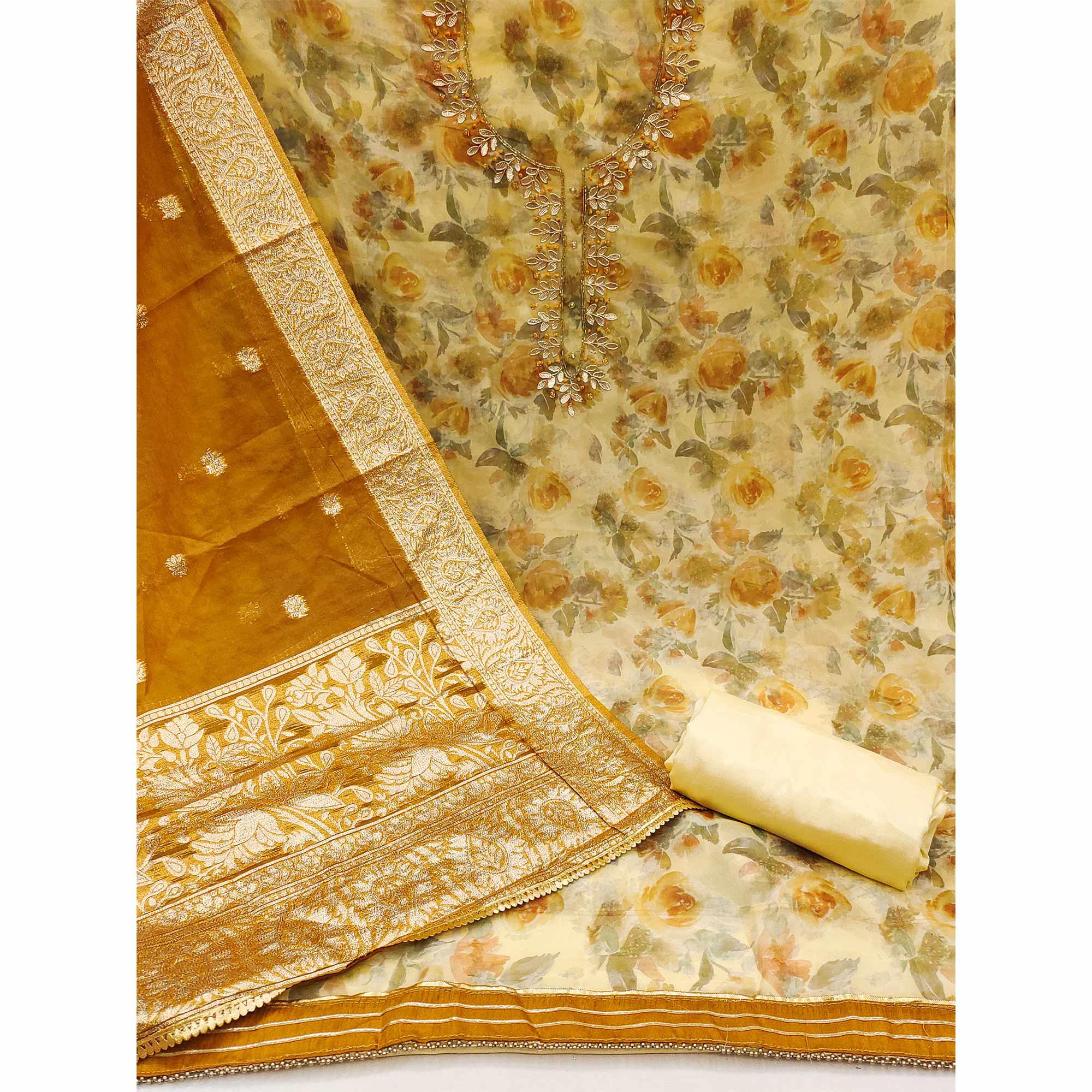 Light Yellow Floral Printed Organza Dress Material - Image 2
