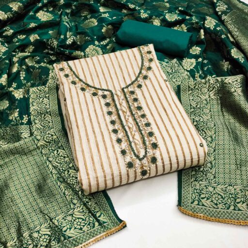 Beige Green Woven Pure Cotton Dress Material