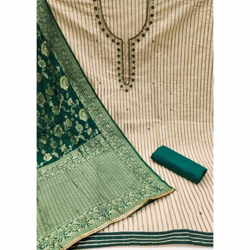 Beige Green Woven Pure Cotton Dress Material - Image 2
