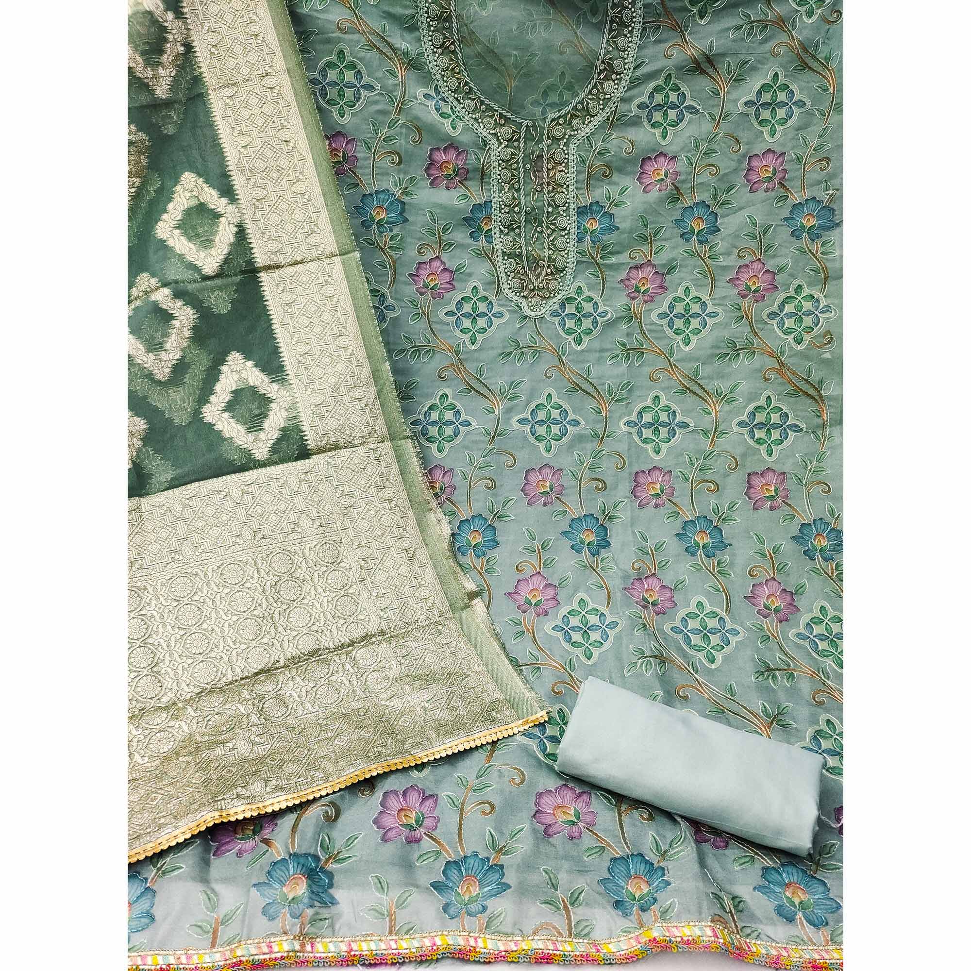 Teal Grey Floral Printed Organza Dress Material - Image 2