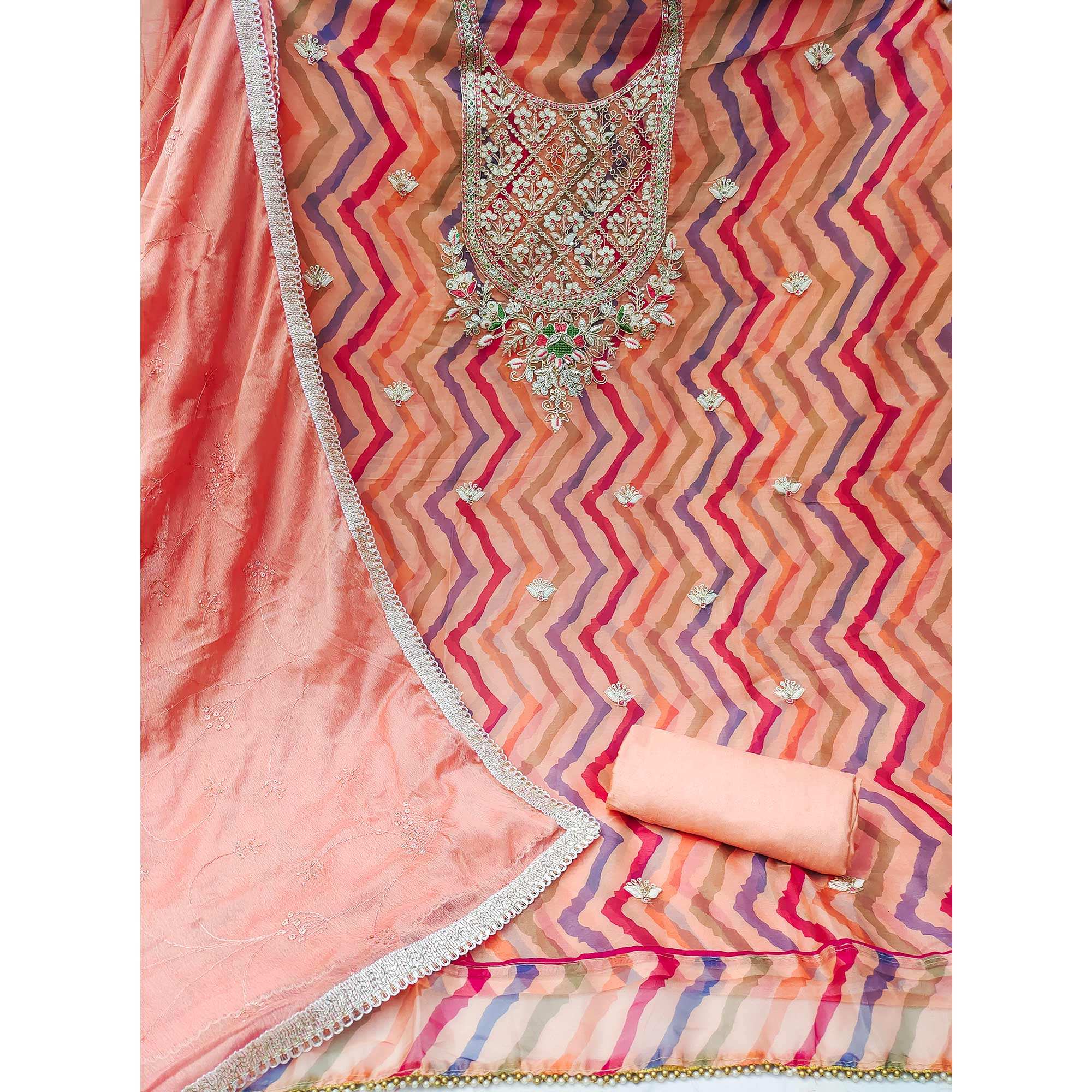Peach Floral Hand Embroidered Organza Dress Material - Image 2