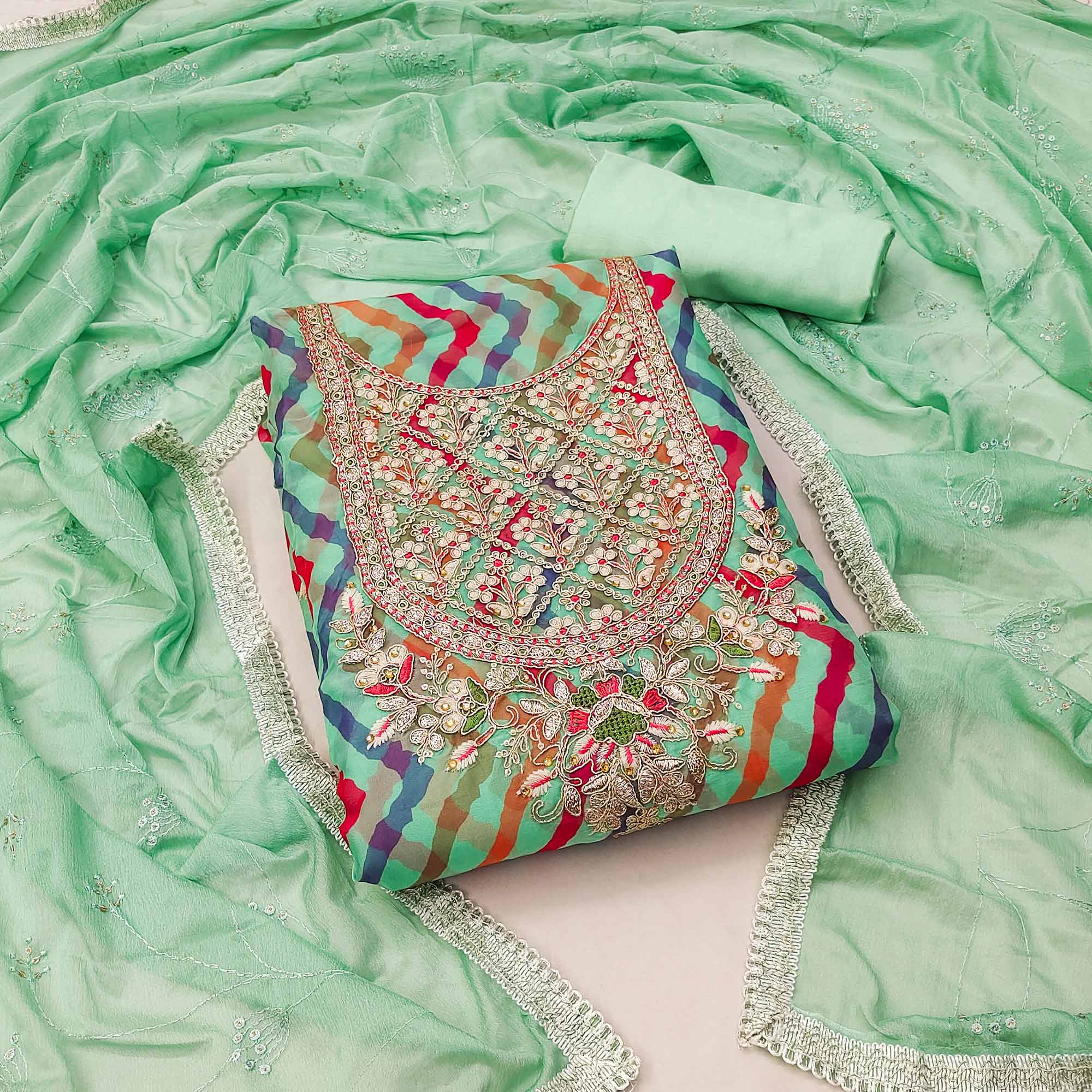 Sea Green Floral Hand Embroidered Organza Dress Material