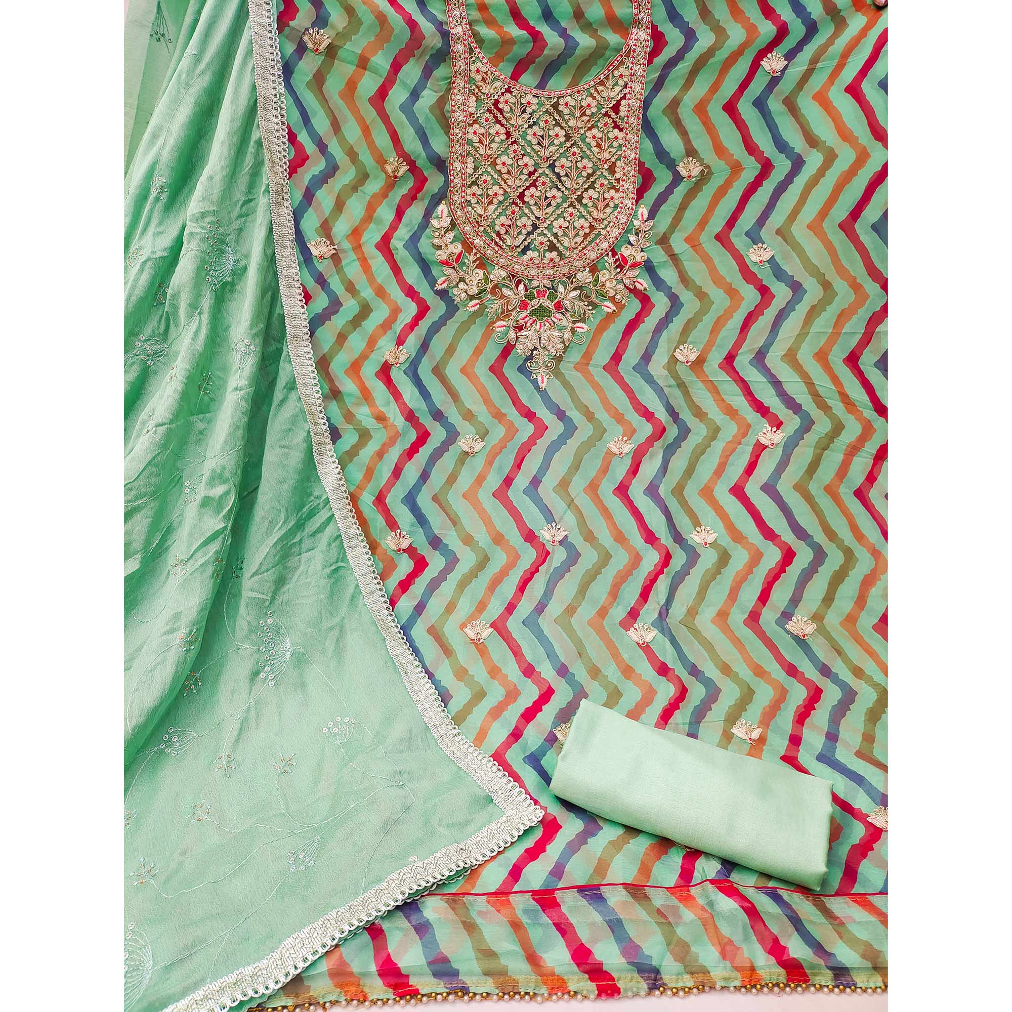 Sea Green Floral Hand Embroidered Organza Dress Material - Image 2