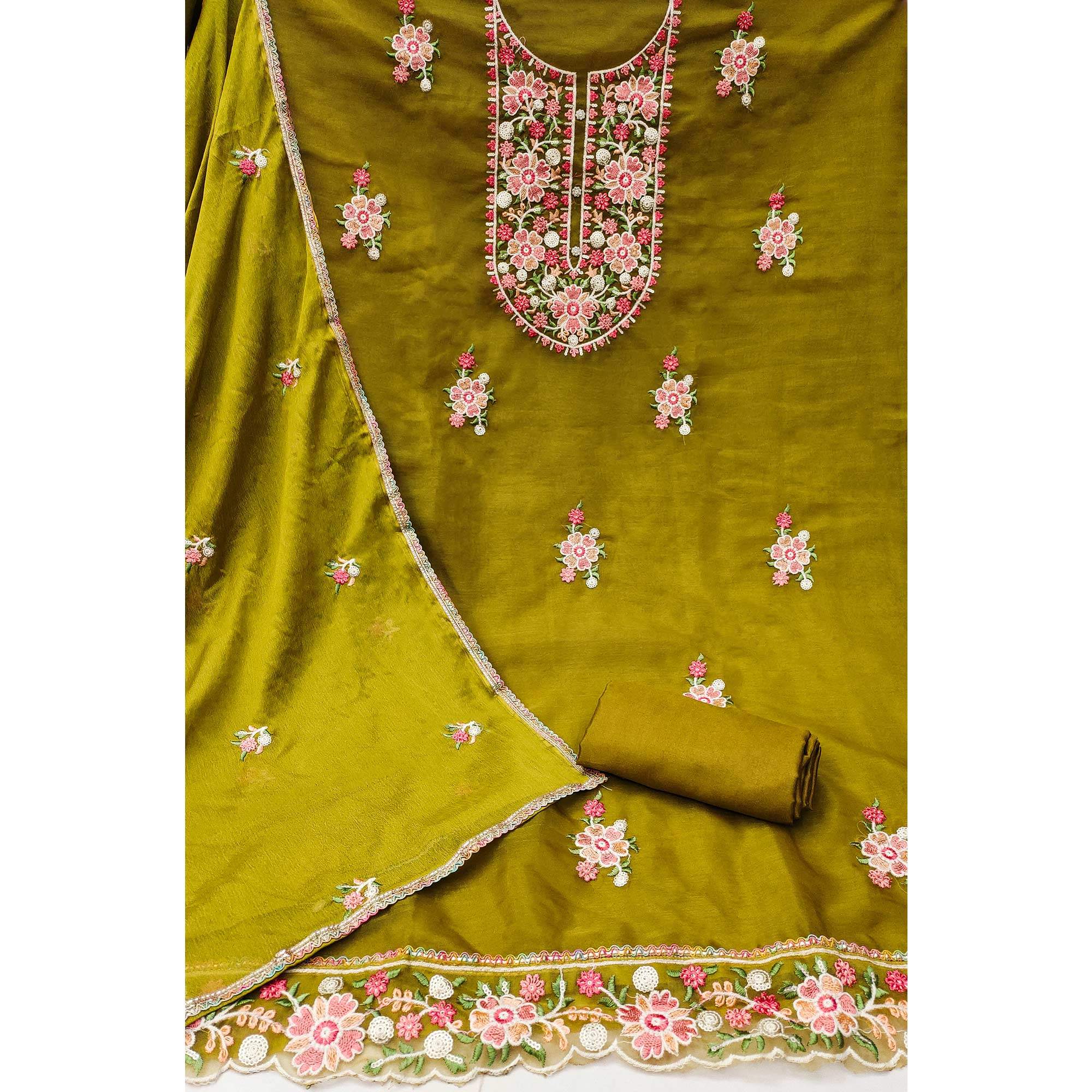 Mehendi Green Floral Embroidered Organza Dress Material - Image 2
