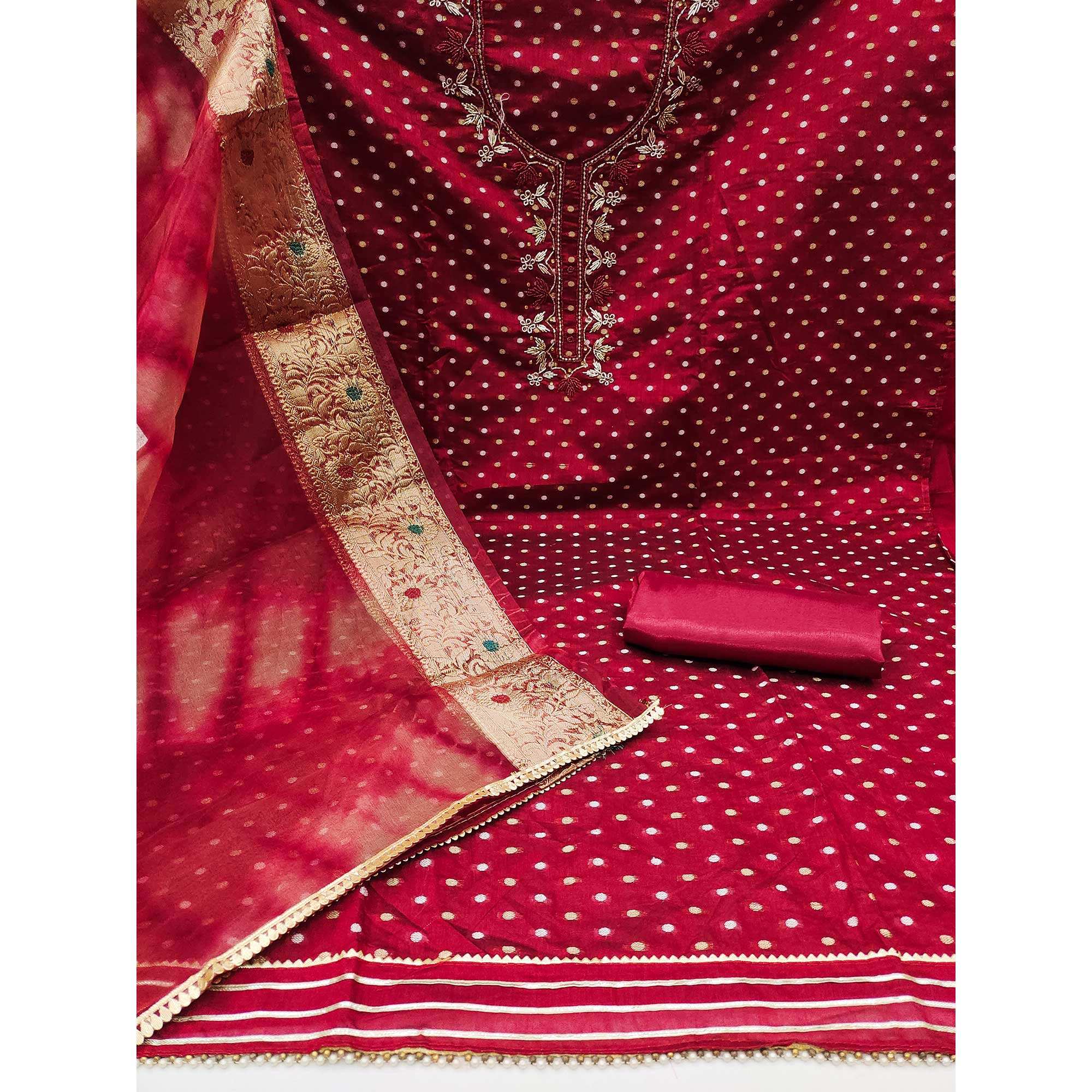 Maroon Woven With Handwork Chanderi Silk Dress Material - Image 2