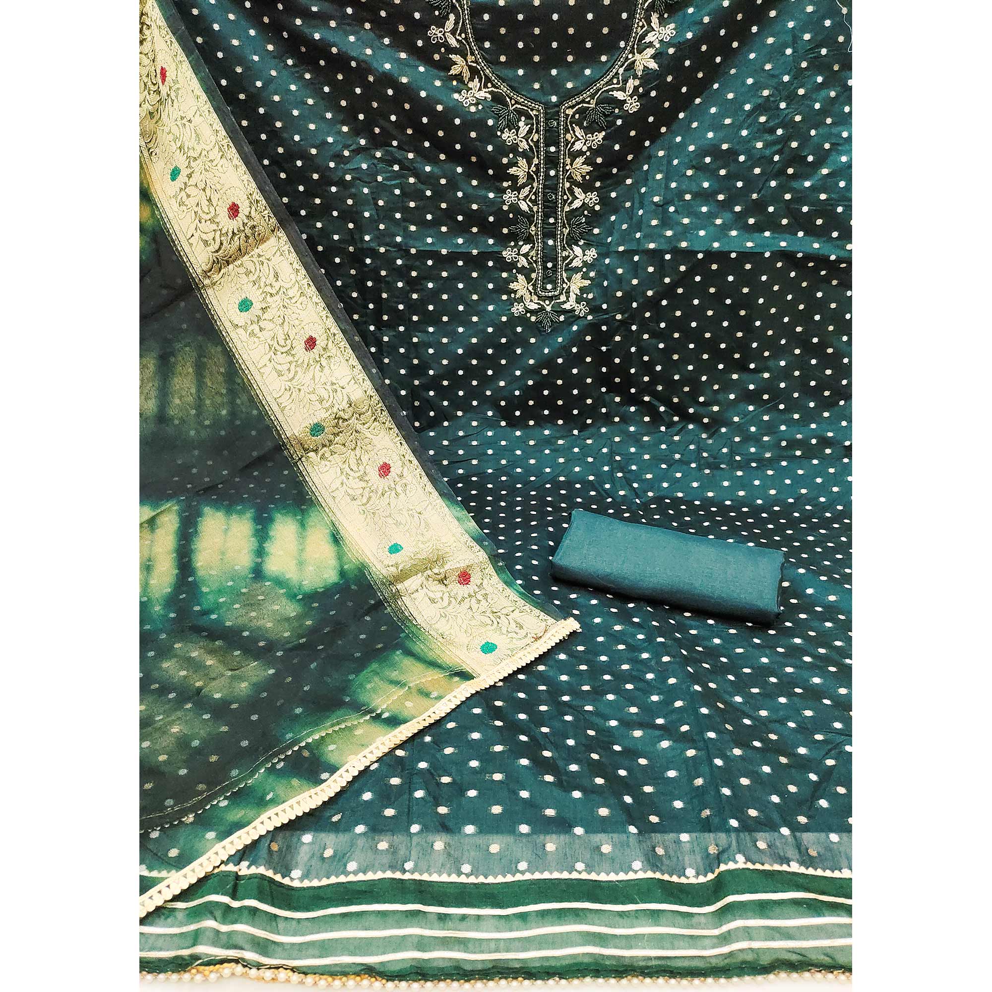 Morpich Woven With Handwork Chanderi Silk Dress Material - Image 2