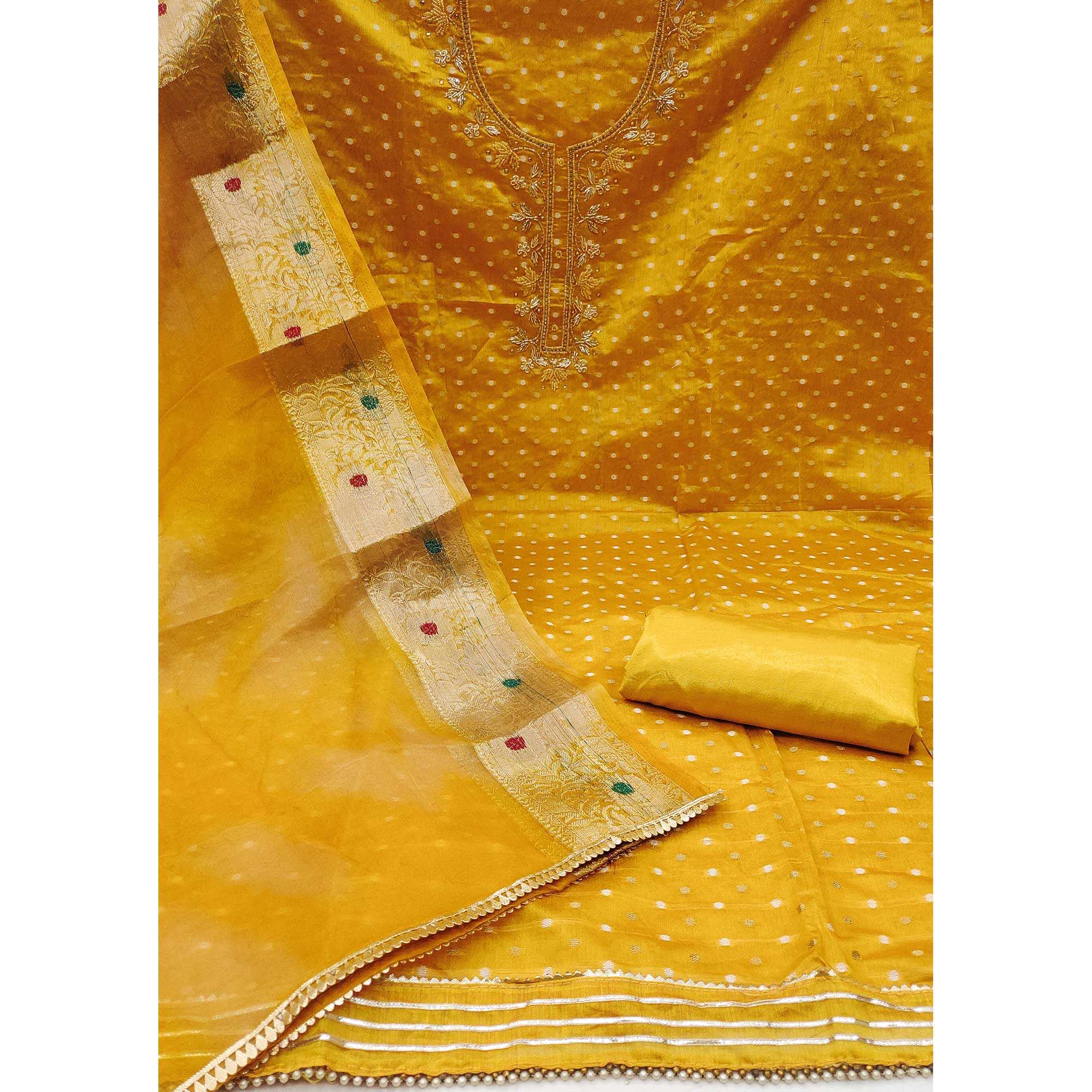 Yellow Woven With Handwork Chanderi Silk Dress Material - Image 2