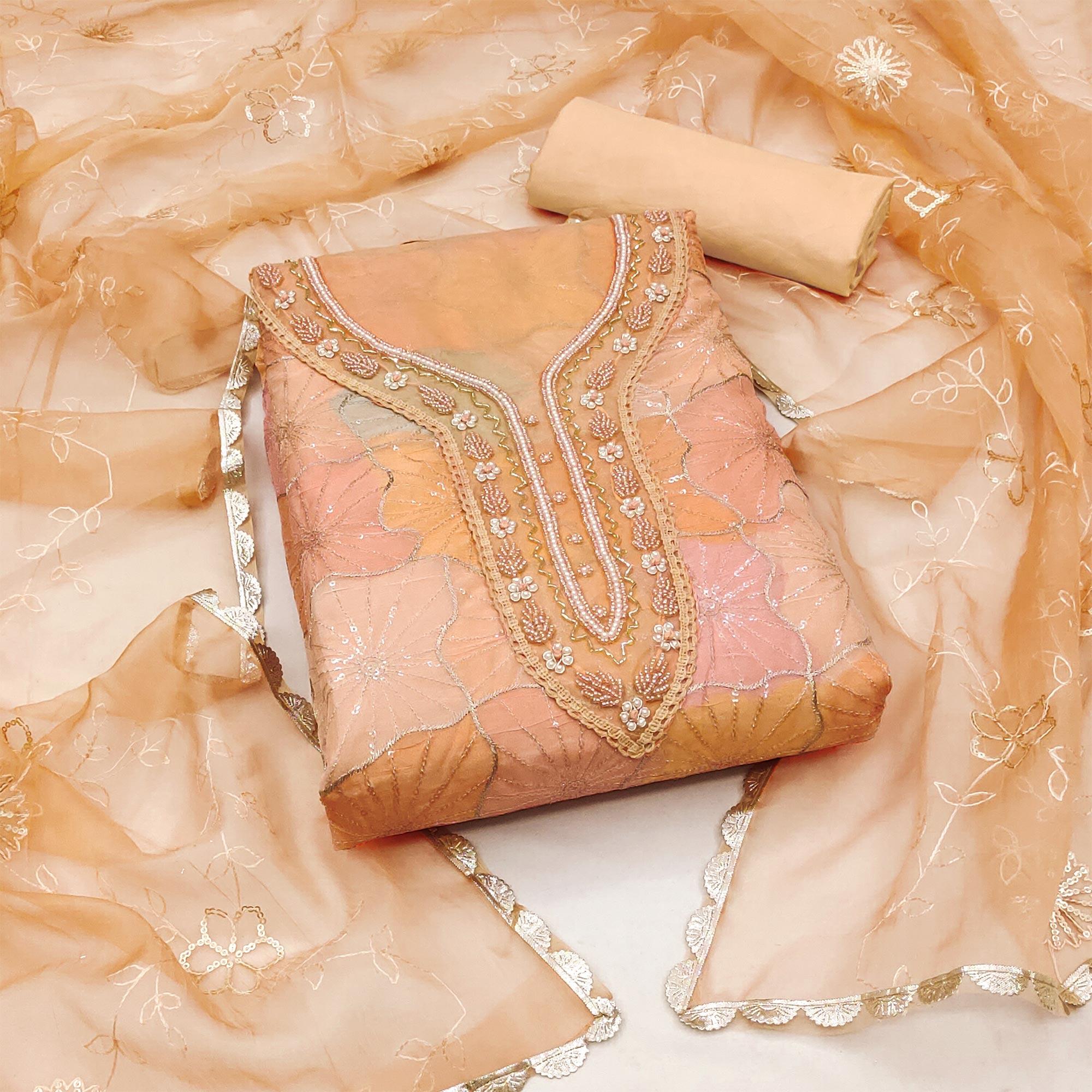 Light Peach Sequence Embroidered With Handwork Organza Dress Material