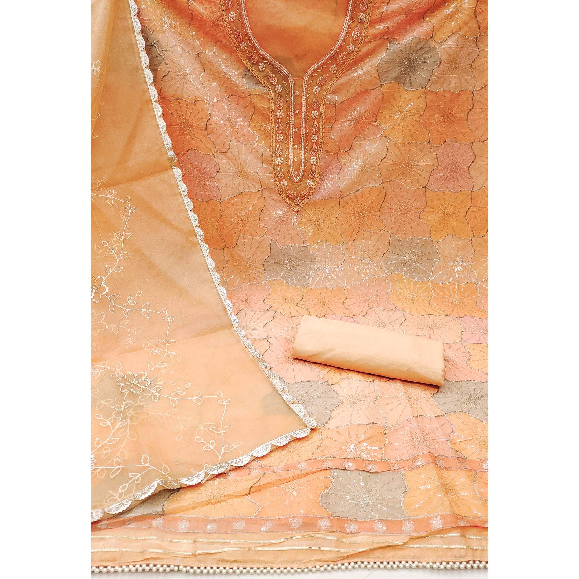 Light Peach Sequence Embroidered With Handwork Organza Dress Material - Image 2