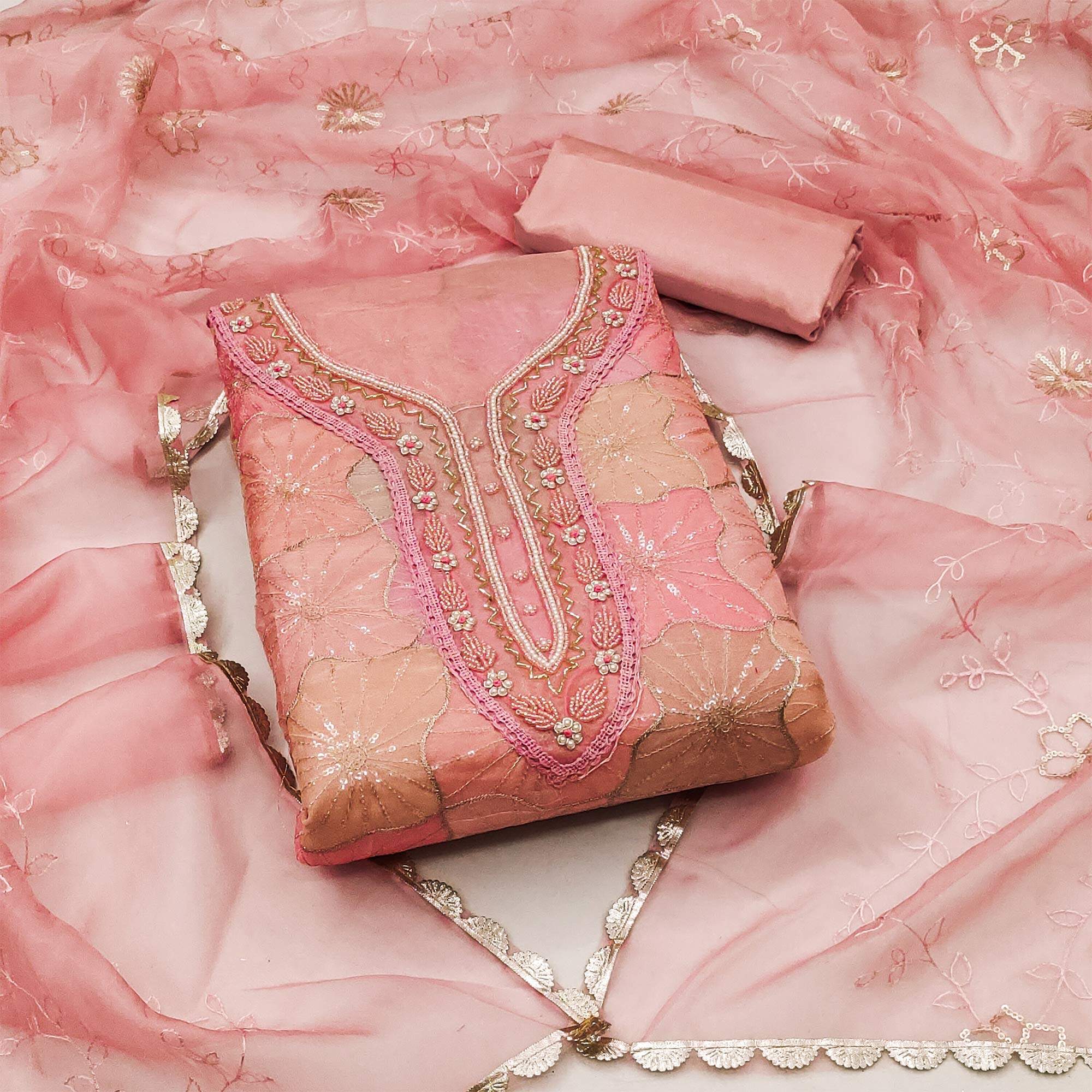 Peach Sequence Embroidered With Handwork Organza Dress Material
