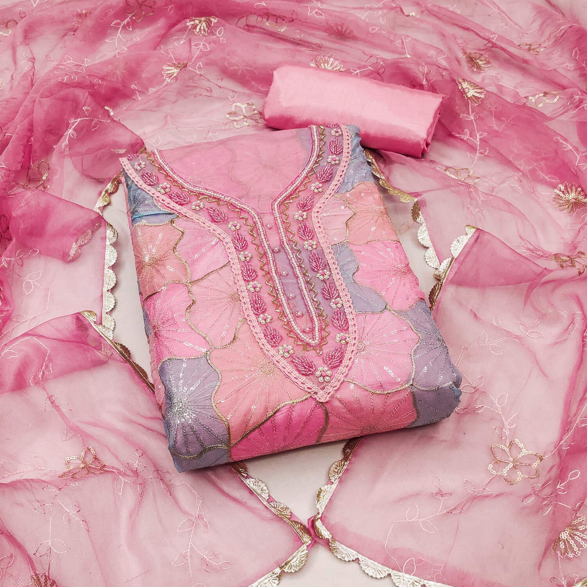 Pink Sequence Embroidered With Handwork Organza Dress Material