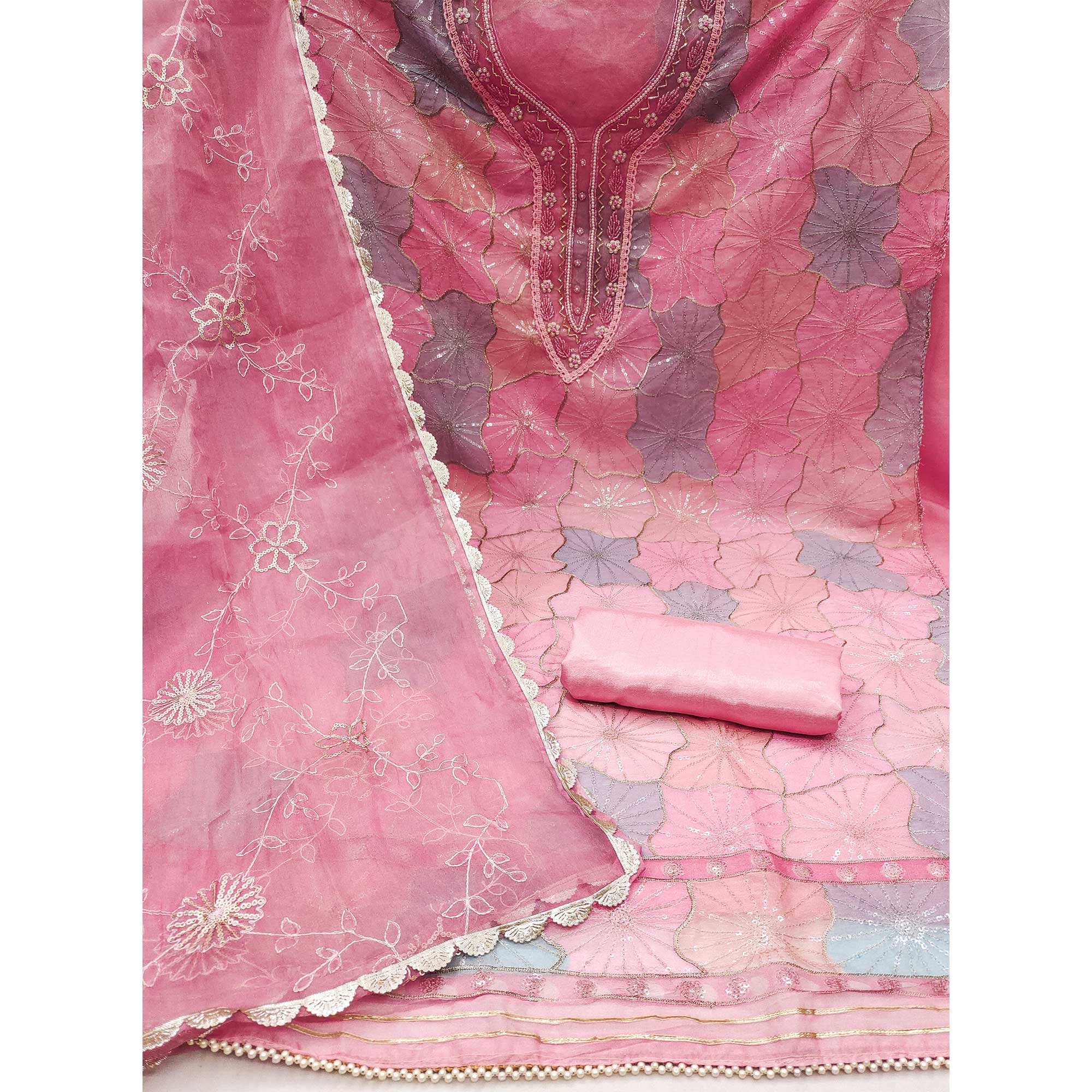 Pink Sequence Embroidered With Handwork Organza Dress Material - Image 2