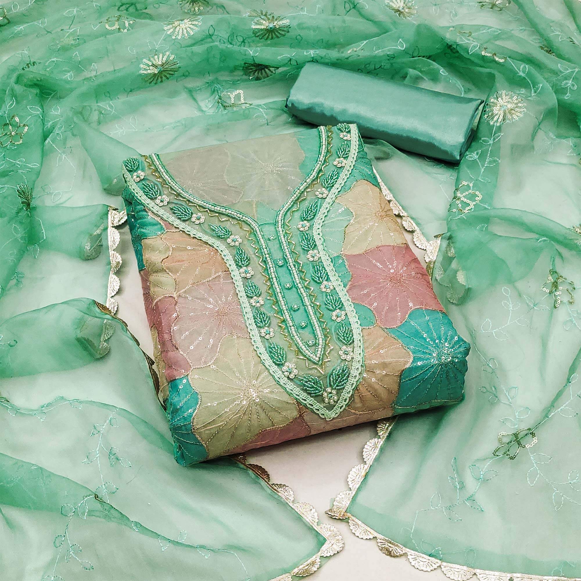 Sea Green Sequence Embroidered With Handwork Organza Dress Material