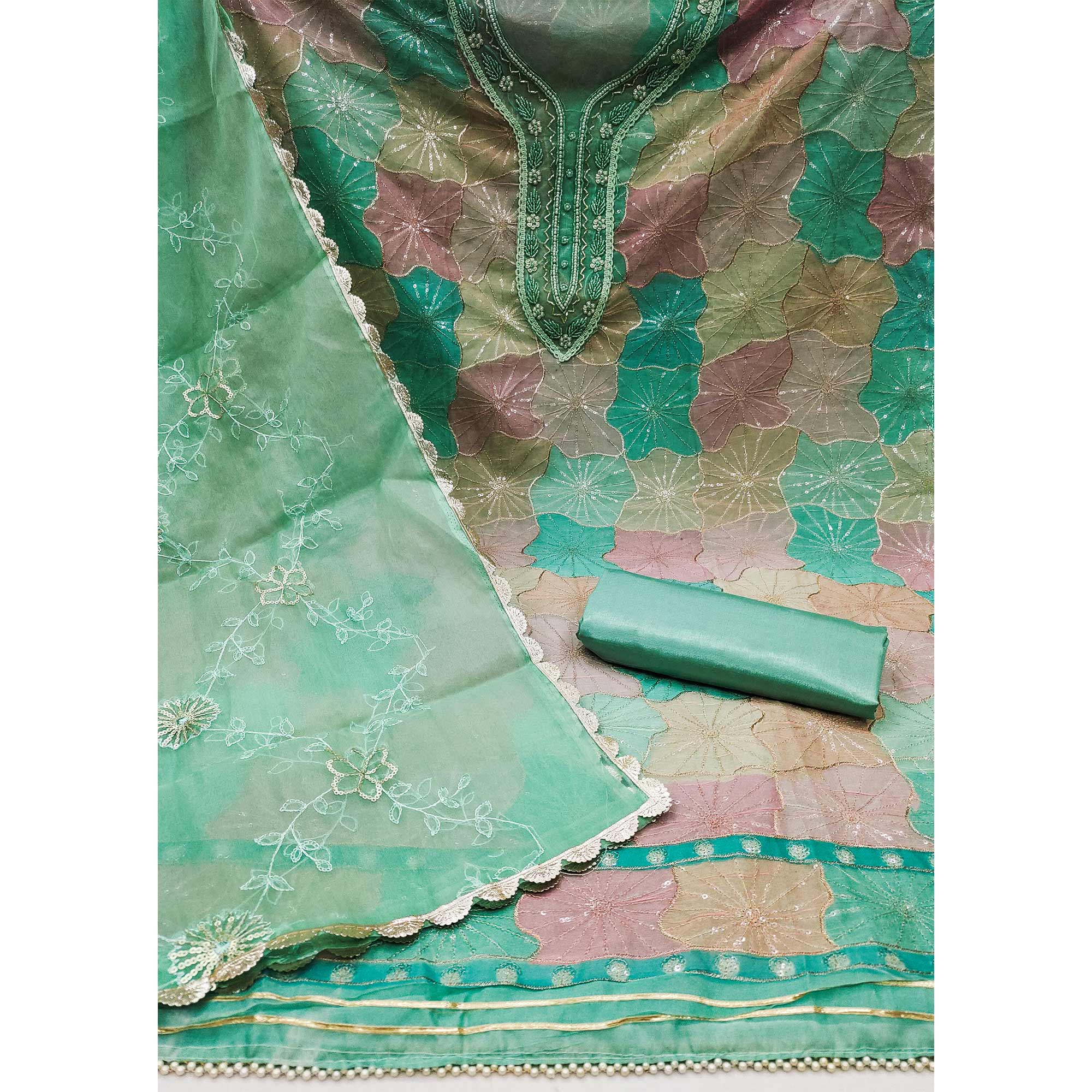 Sea Green Sequence Embroidered With Handwork Organza Dress Material - Image 2