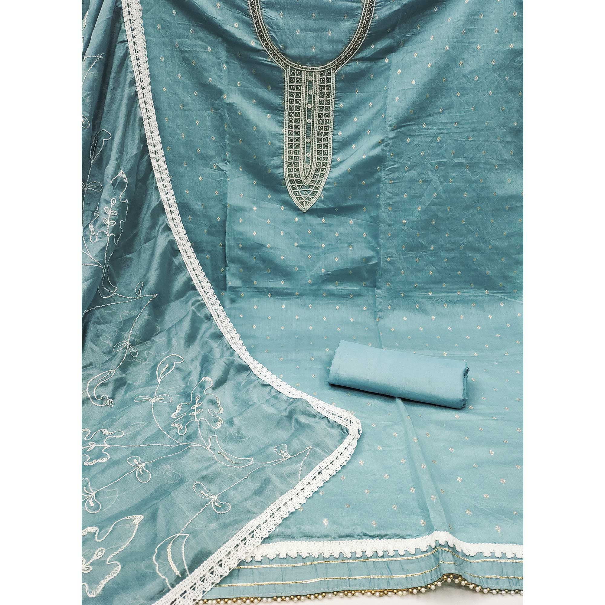 Blue Woven With Moti Handwork Chanderi Silk Dress Material - Image 2