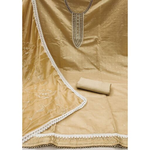 Chikoo Woven With Moti Handwork Chanderi Silk Dress Material - Image 2