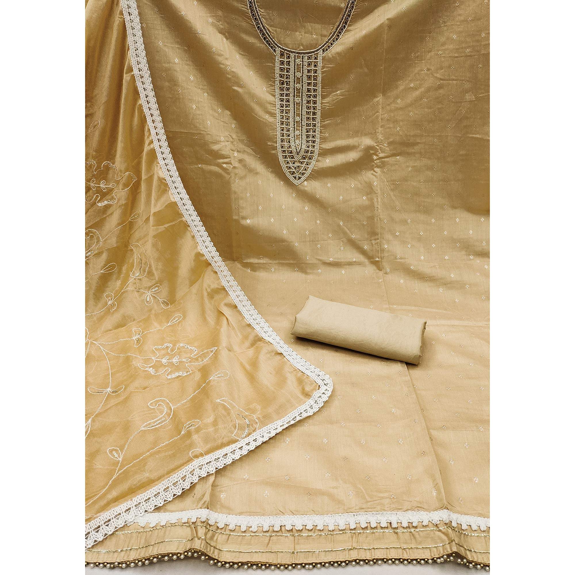 Chikoo Woven With Moti Handwork Chanderi Silk Dress Material - Image 2