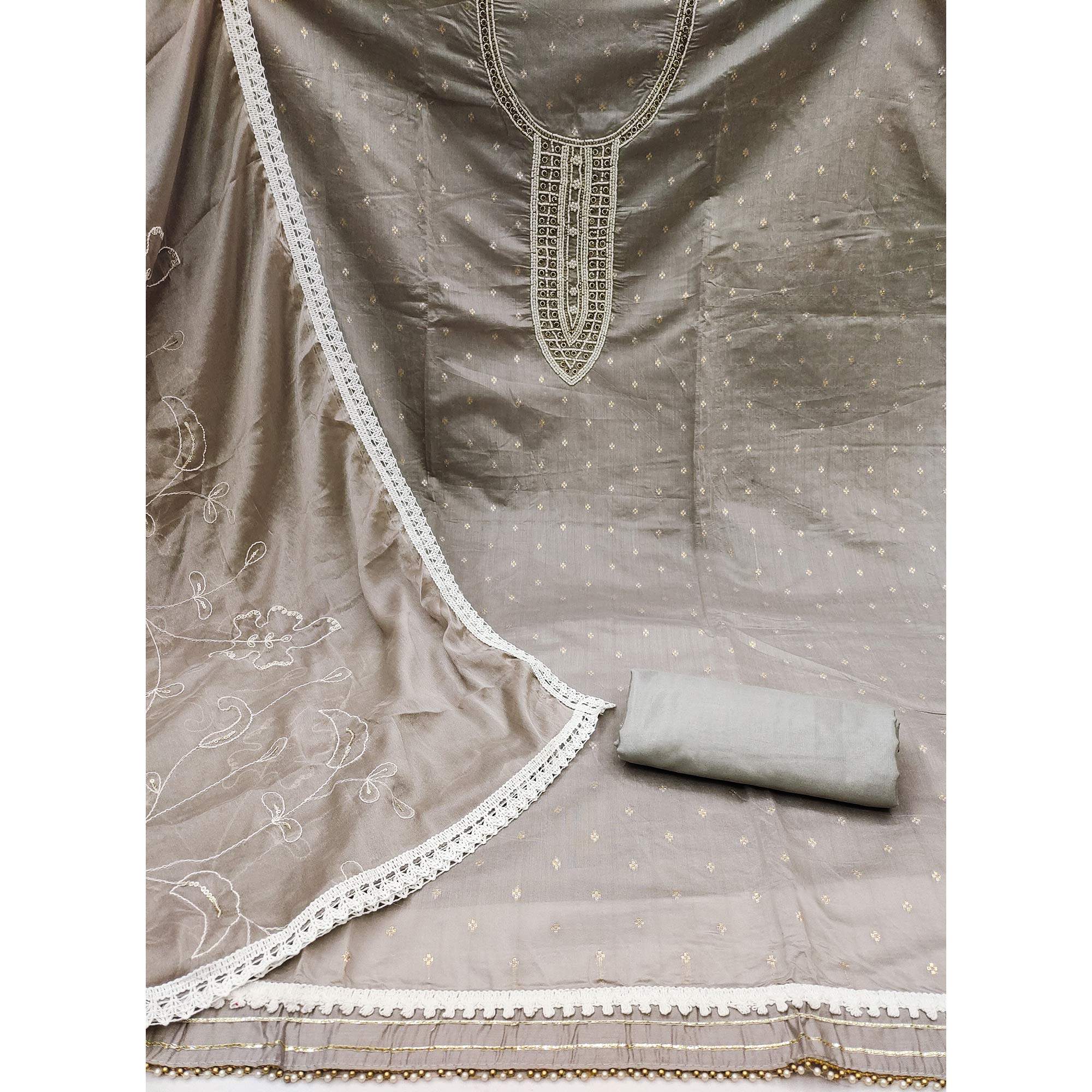 Grey Woven With Moti Handwork Chanderi Silk Dress Material - Image 2