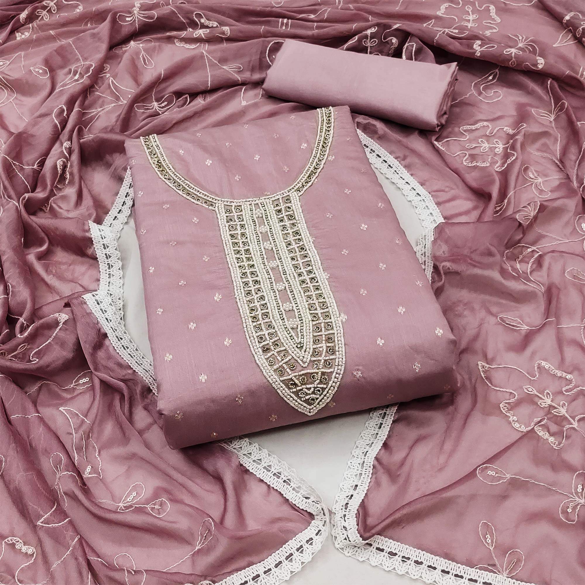 Mauve Woven With Moti Handwork Chanderi Silk Dress Material