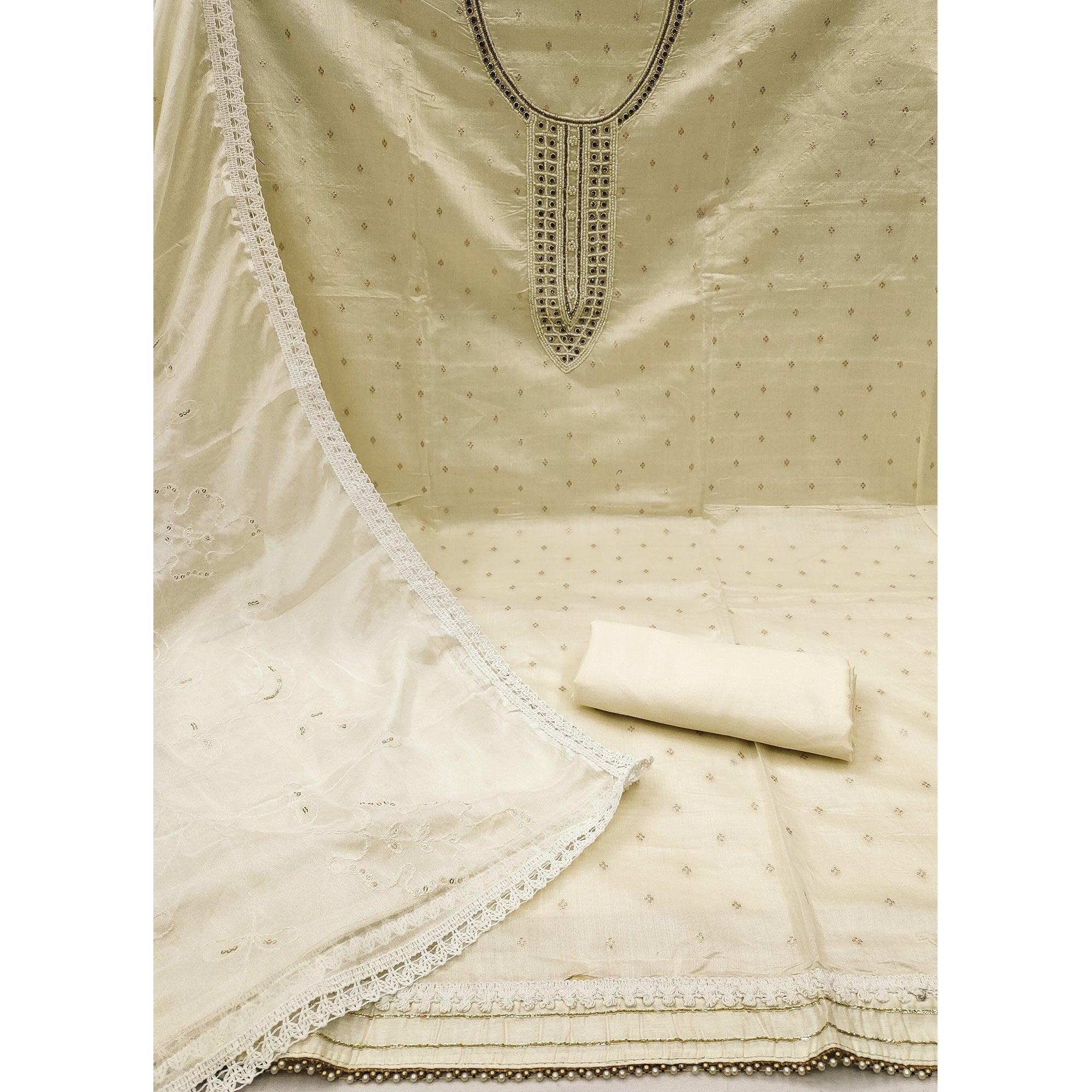 Off White Woven With Moti Handwork Chanderi Silk Dress Material - Image 2