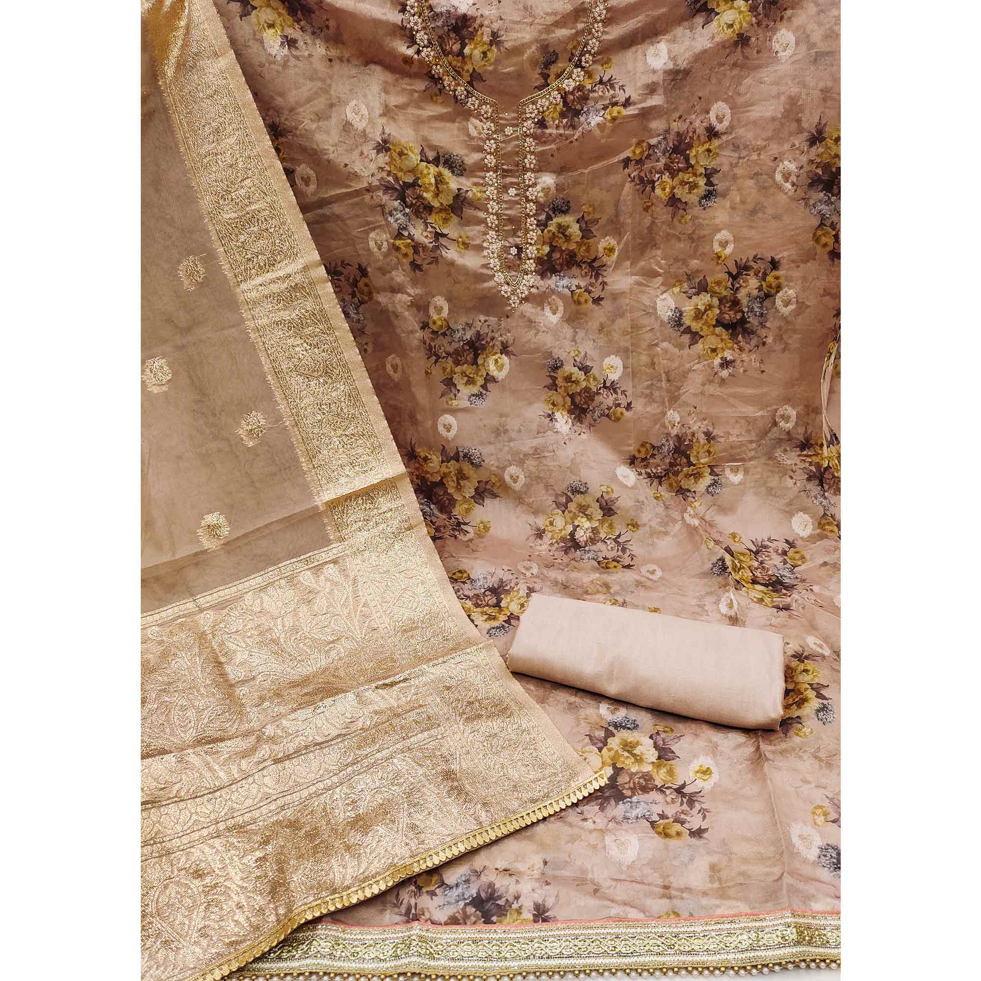 Brown Floral Digital Printed With Handwork Organza Dress Material - Image 2