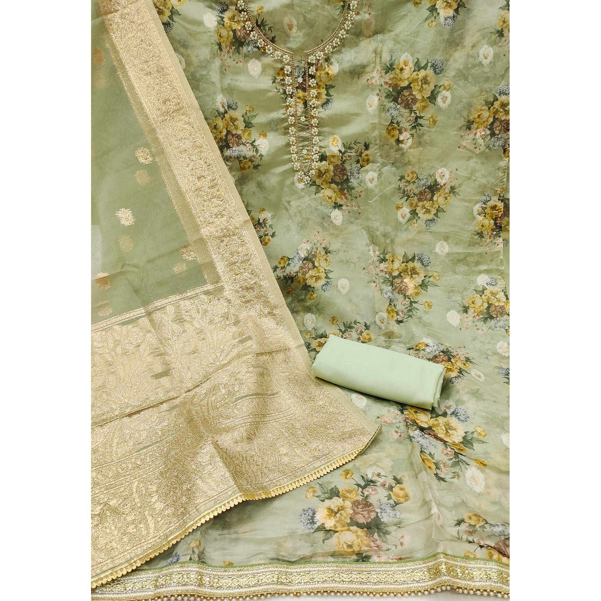 Green Floral Digital Printed With Handwork Organza Dress Material - Image 2