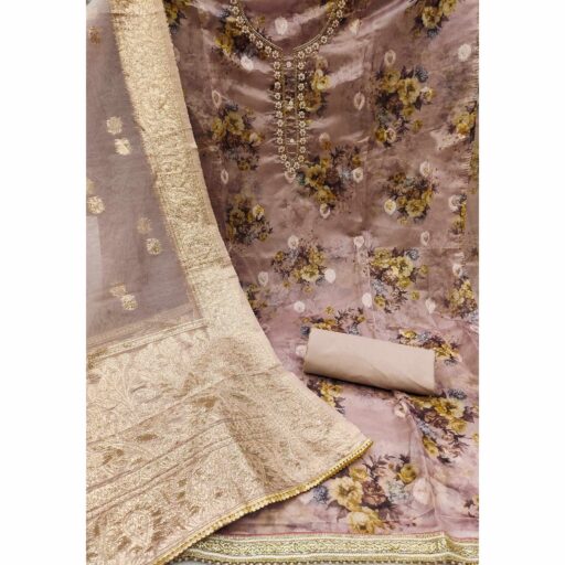 Mauve Floral Digital Printed With Handwork Organza Dress Material - Image 2