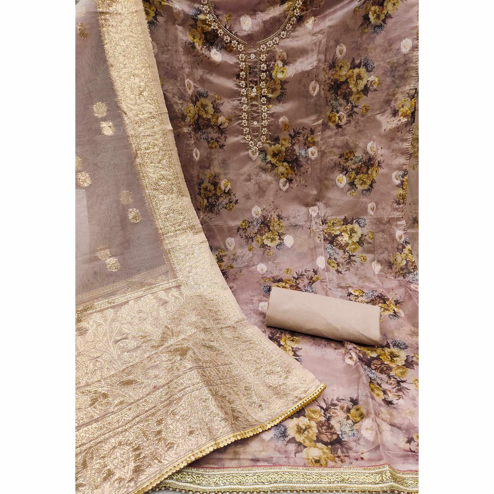 Mauve Floral Digital Printed With Handwork Organza Dress Material - Image 2