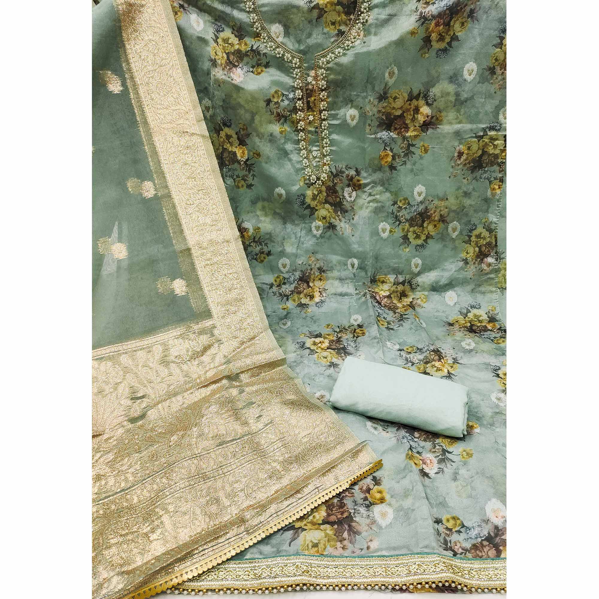 Turquoise Floral Digital Printed With Handwork Organza Dress Material - Image 2