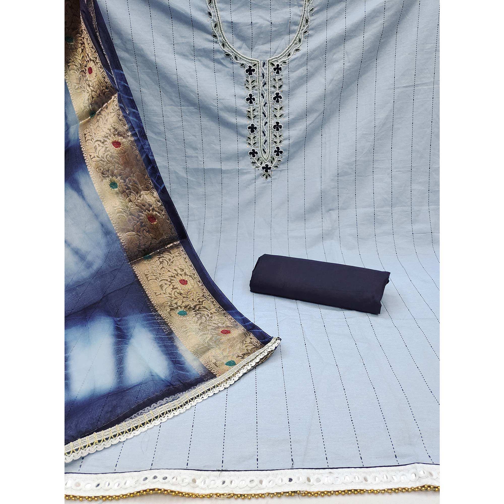 Blue Embroidered With Handwork Cotton Blend Dress Material - Image 2
