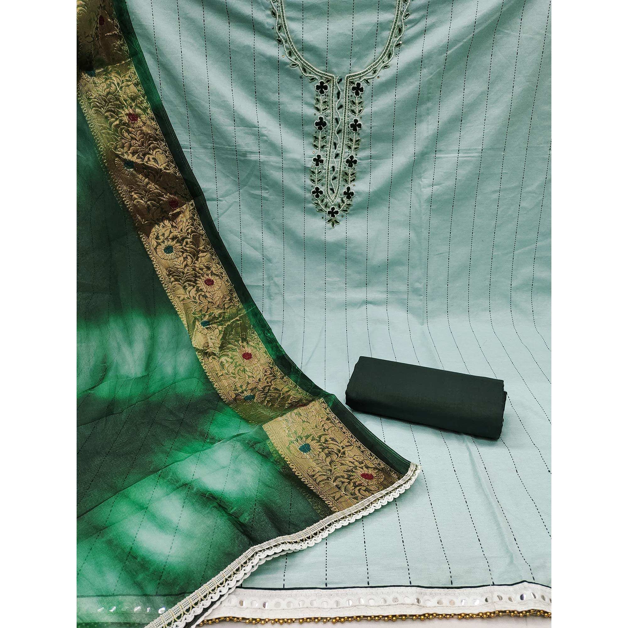Green Embroidered With Handwork Cotton Blend Dress Material - Image 2