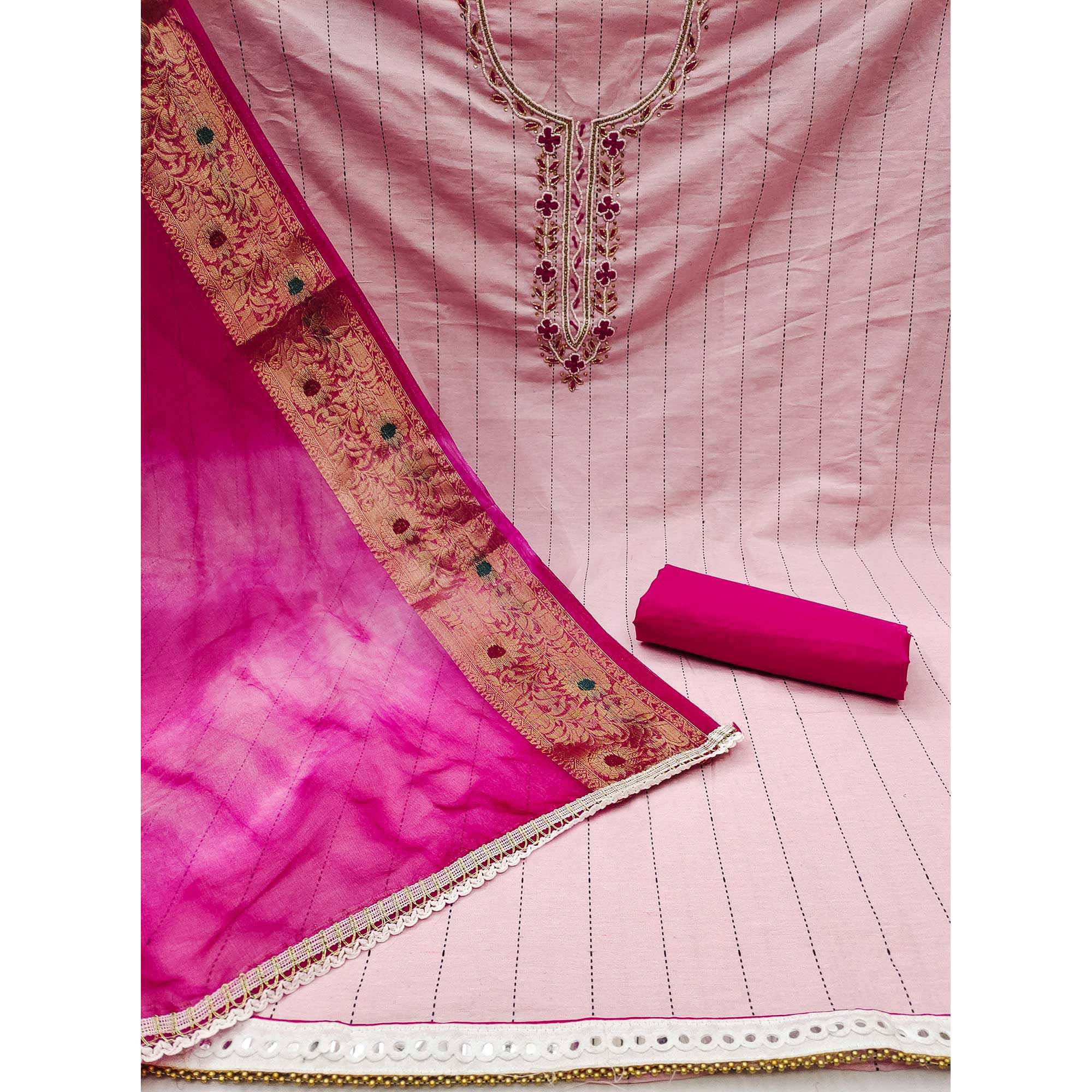 Pink Embroidered With Handwork Cotton Blend Dress Material - Image 2