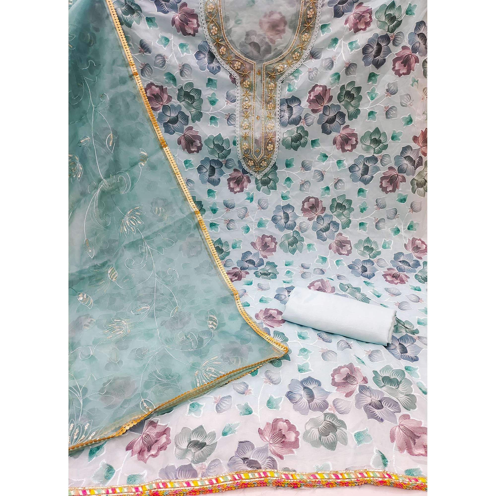 Blue Floral Embroidered With Printed Organza Dress Material - Image 2