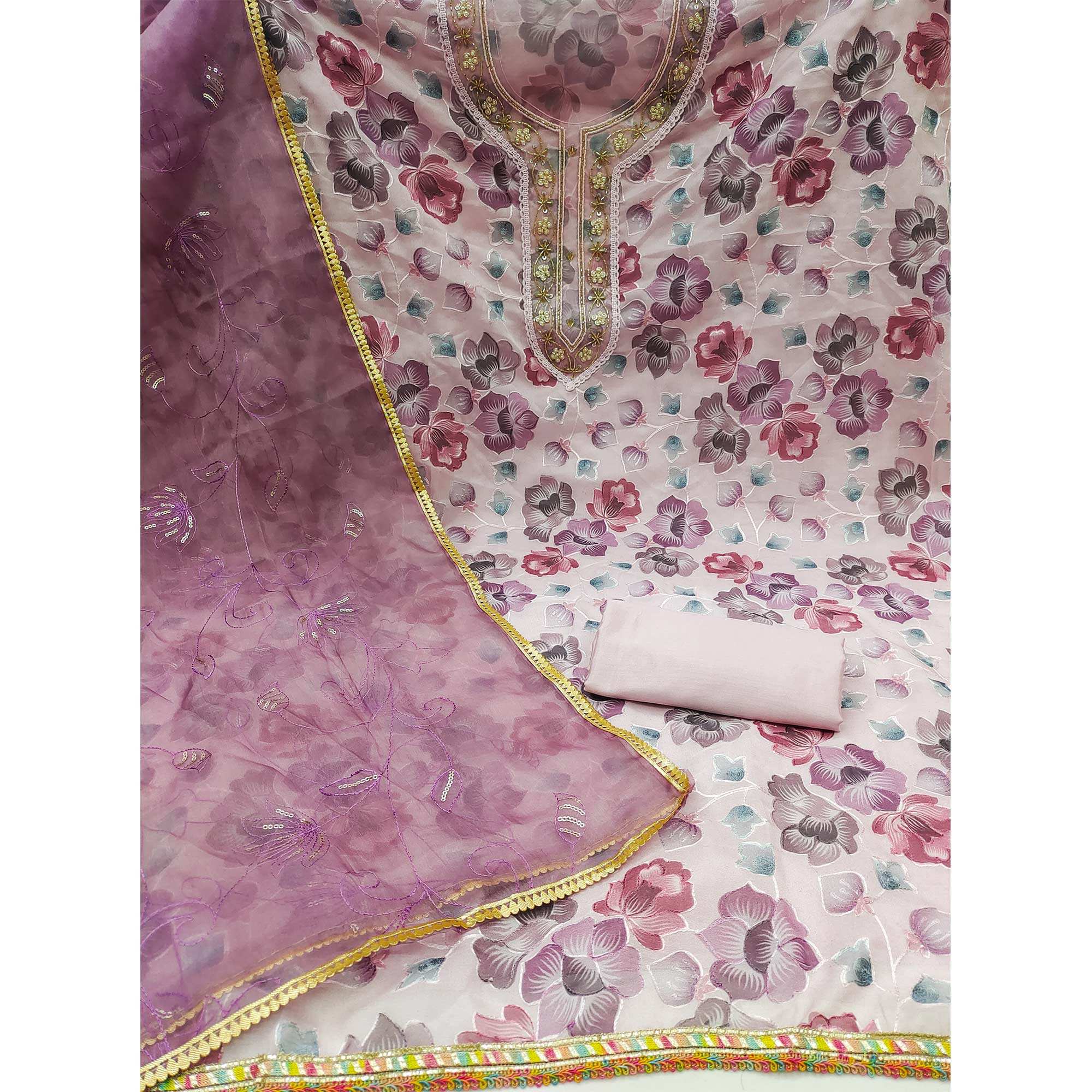 Mauve Floral Embroidered With Printed Organza Dress Material - Image 2