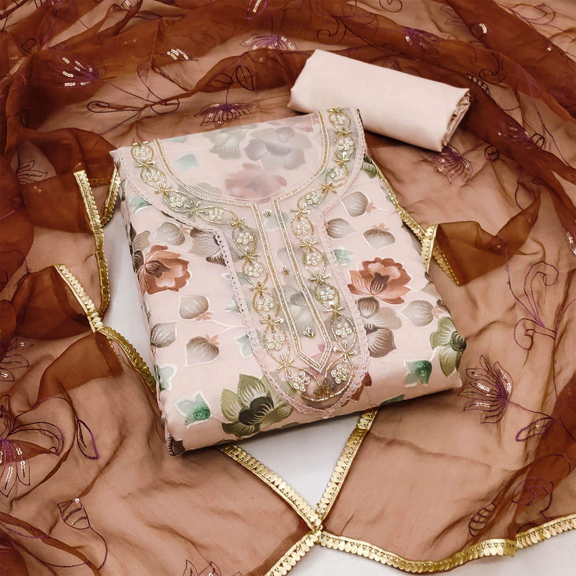 Peach Floral Embroidered With Printed Organza Dress Material