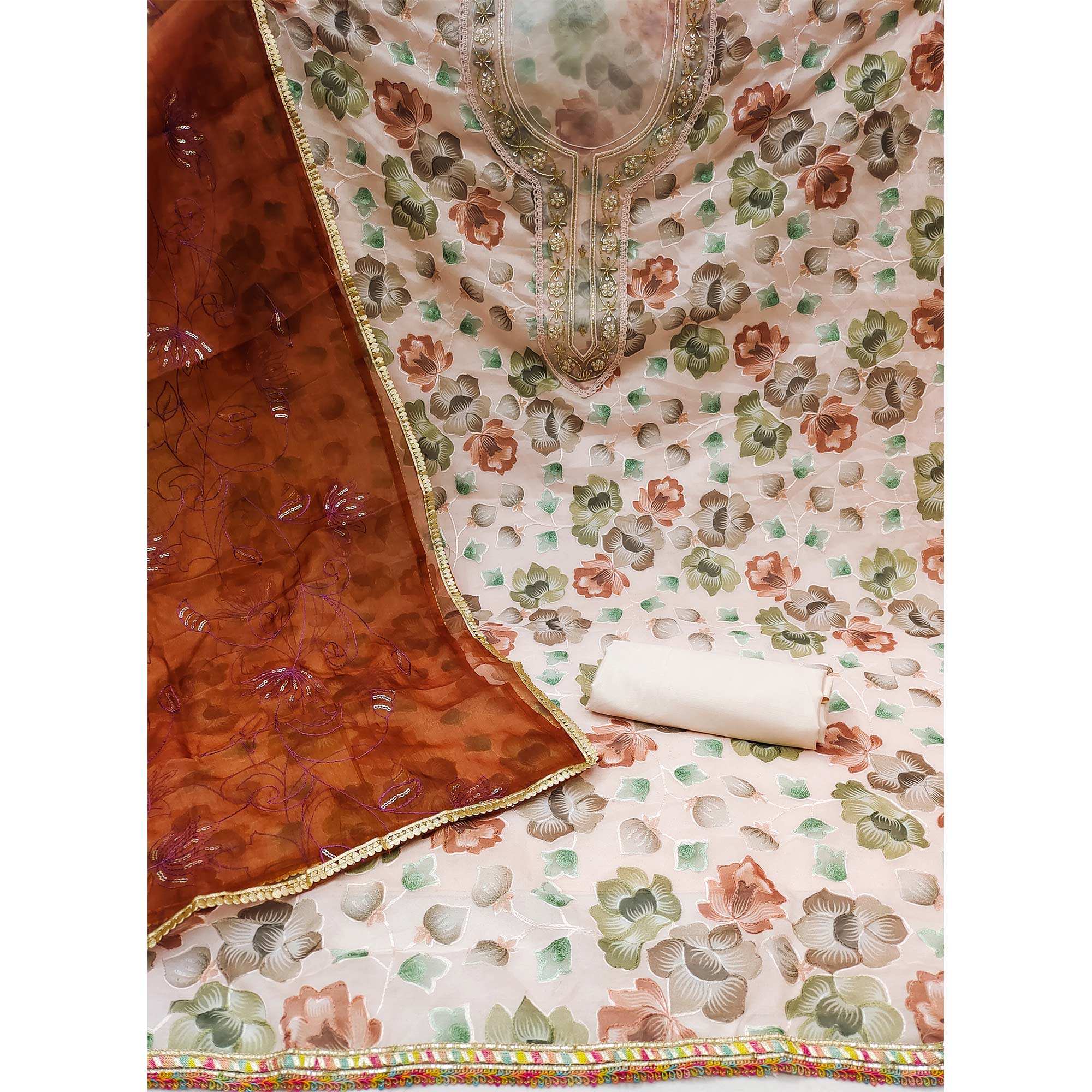 Peach Floral Embroidered With Printed Organza Dress Material - Image 2