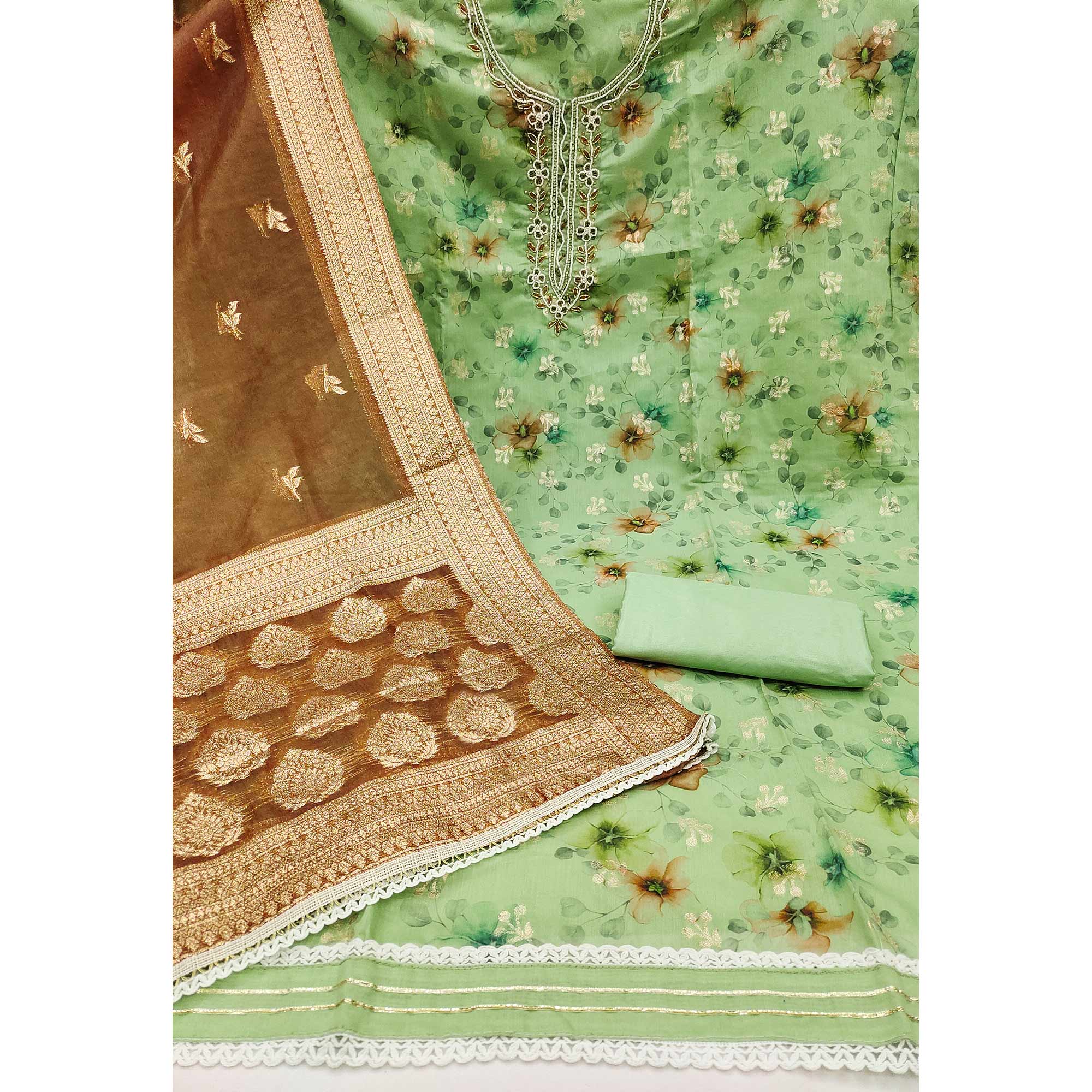 Green Floral Digital Printed With Woven Chanderi Silk Dress Material - Image 2