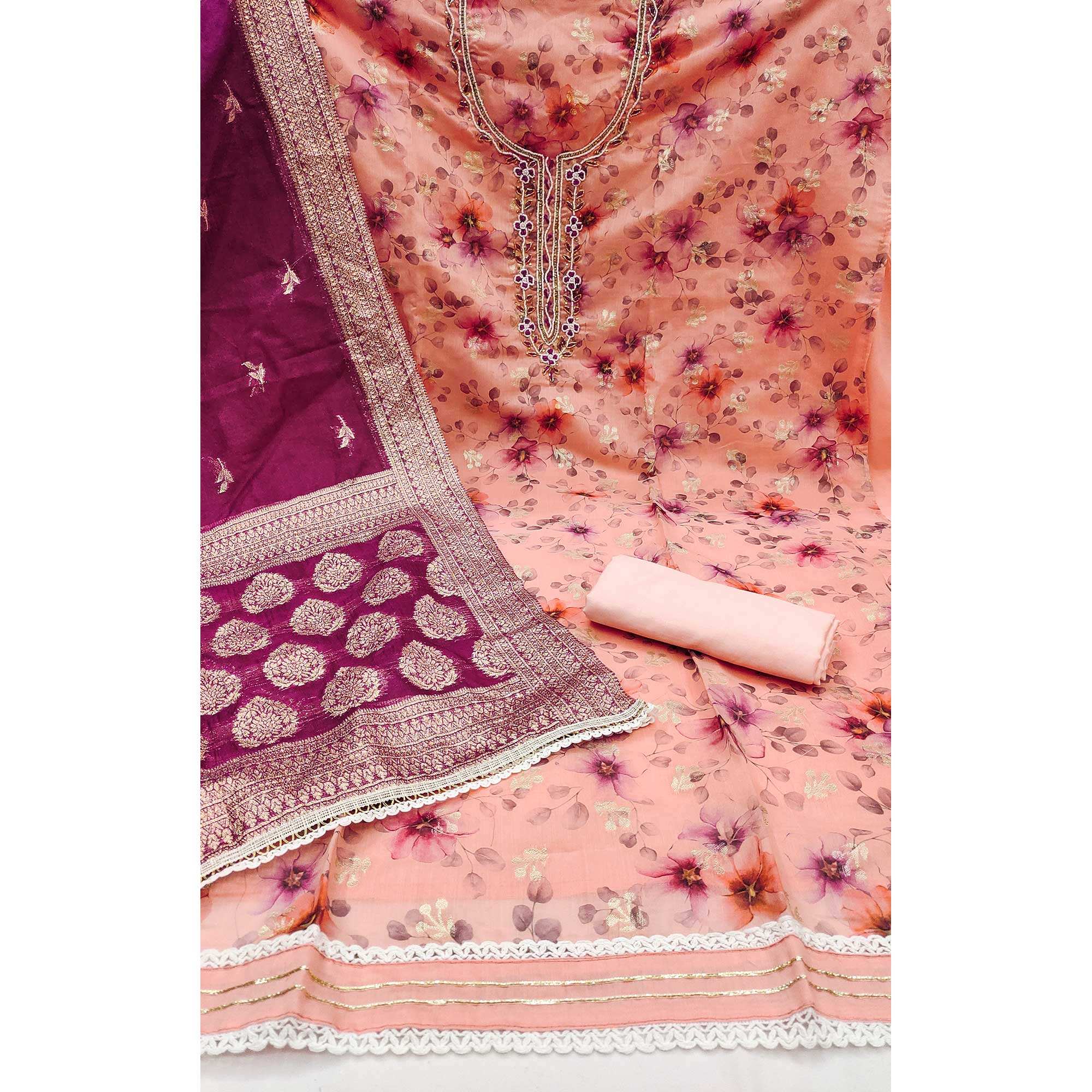 Peach Floral Digital Printed With Woven Chanderi Silk Dress Material - Image 2