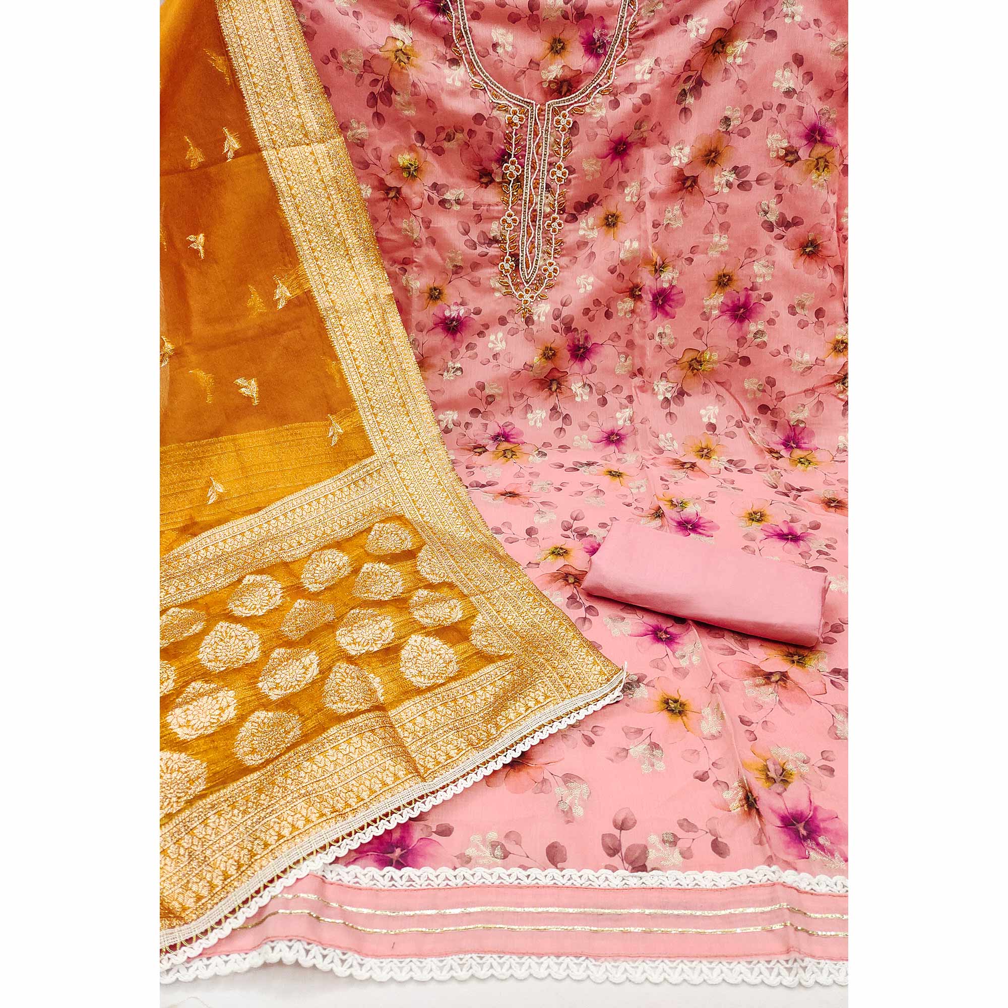 Pink Floral Digital Printed With Woven Chanderi Silk Dress Material - Image 2