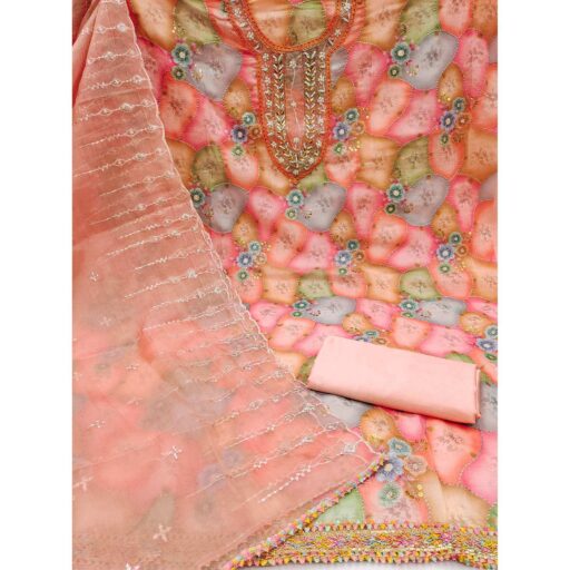 Peach Floral Printed Organza Dress Material - Image 2