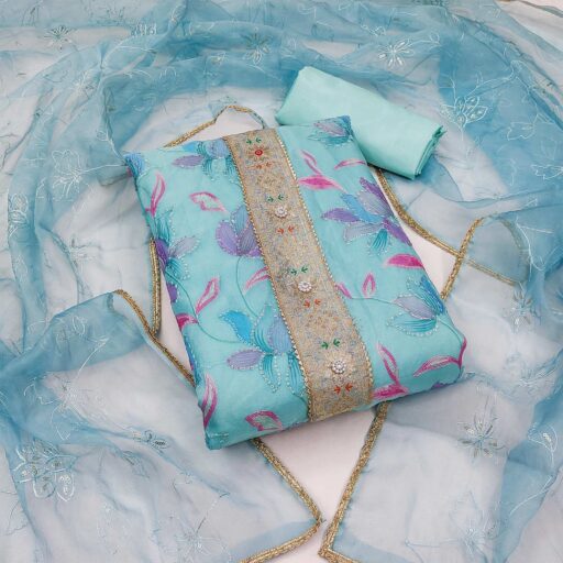 Blue Floral Printed Organza Dress Material