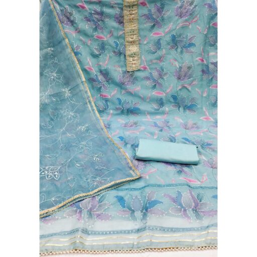 Blue Floral Printed Organza Dress Material - Image 2