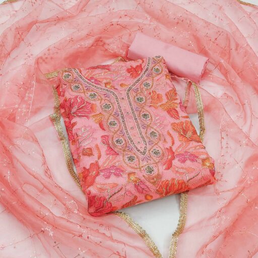 Peach Floral Printed Organza Dress Material
