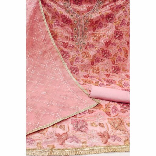 Peach Floral Printed Organza Dress Material - Image 2