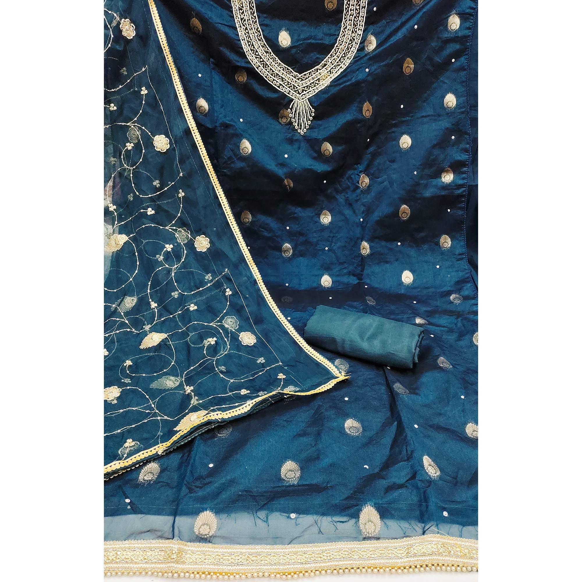 Teal Blue Floral Woven Organza Dress Material - Image 2