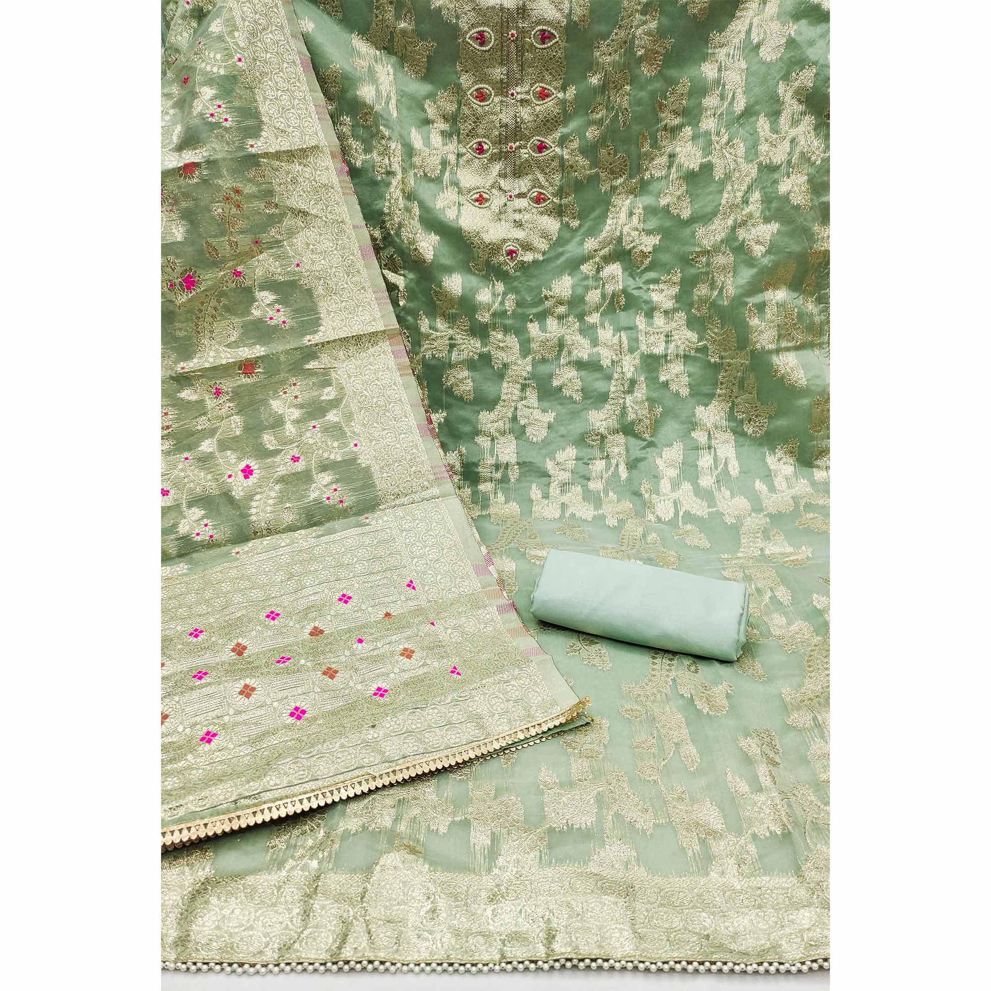 Green Floral Woven Chanderi Silk Dress Material - Image 2