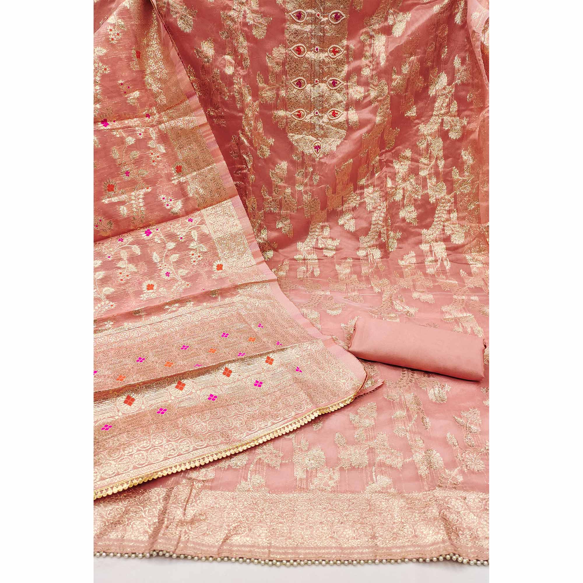 Peach Floral Woven Chanderi Silk Dress Material - Image 2